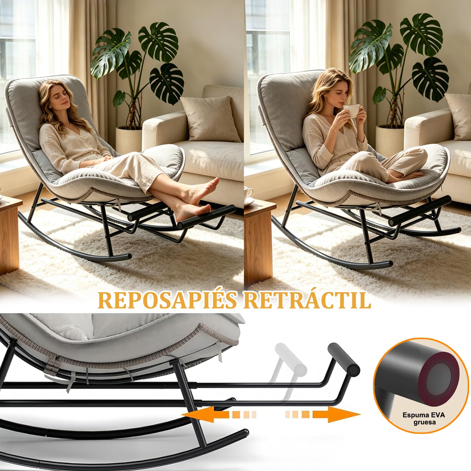 NJUN Mecedora de Exterior, Sillón Relax de Jardín de Poliratán con Cojín Extraíble y Reposapiés Extensible, Sillas Mecedoras Ergonómico para Sala de Estar, Balcón, Jardín y Terraza