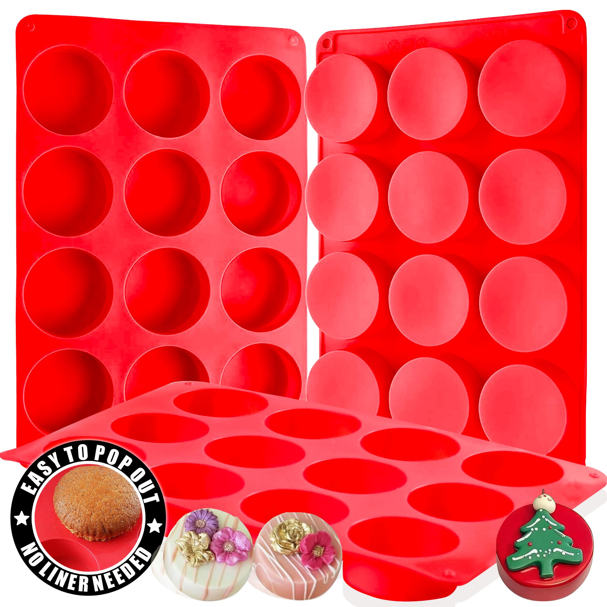 RUGVOMWM 3 Pcs Round Chocolate Cookie Molds,12 Cavity Silicone Chocolate Cookie Molds Non-Stick Round Baking Molds for Mini Cake, Oreo, Jelly - Red — image 1