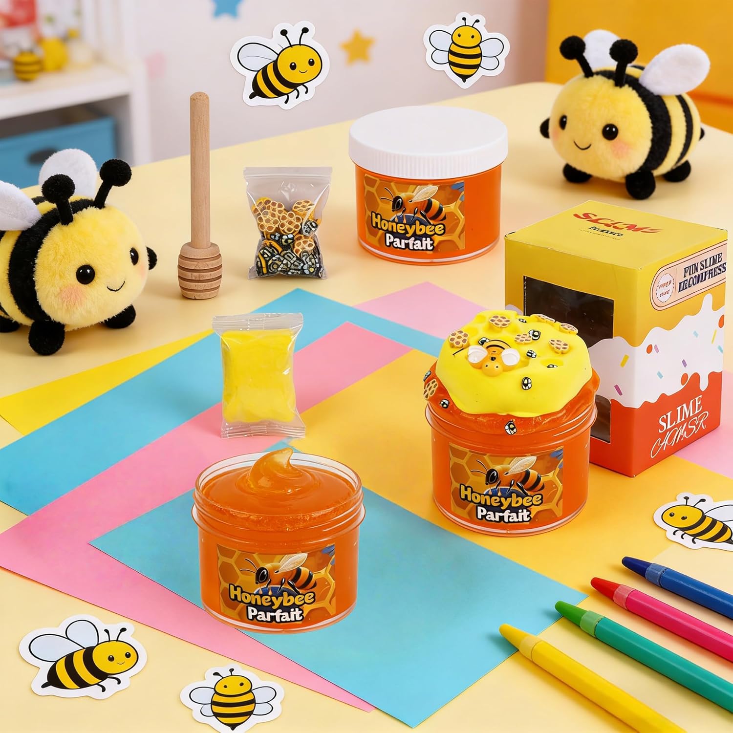 Honey Slime Kit - DIY Crunchy Slime with Jelly Cube Slime & Slime Clay, Non-Sticky Soft Butter Slime for Kids, Honeycomb Scented Sensory Toys, Birthday Gifts & Party Favors for Girls Boys