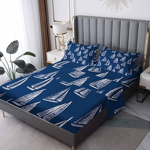NOGAWA Juego de sábanas de velero California King, color azul marino náutico, sábanas y fundas de almohada estampadas, 4 piezas, sábana bajera
