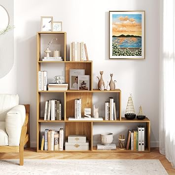 4 Tier Bookshelf, L Shaped Ladder Corner Bookshelf, 6 Cubes Stepped Etagere Bookcase, 10 Shelves Storage Display Rack for Living Room Home Office Hallway Natural