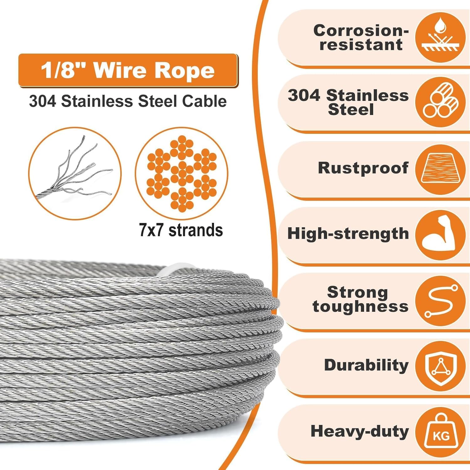 TooTaci 1/8 Stainless Steel Cable, 100ft 1/8 Wire Rope with Wire Rope Crimping Tool and Cutter, 7×7 Strands Aircraft Cable for Deck Railing, Clothesline, Shade Sails, String Light - Image 3