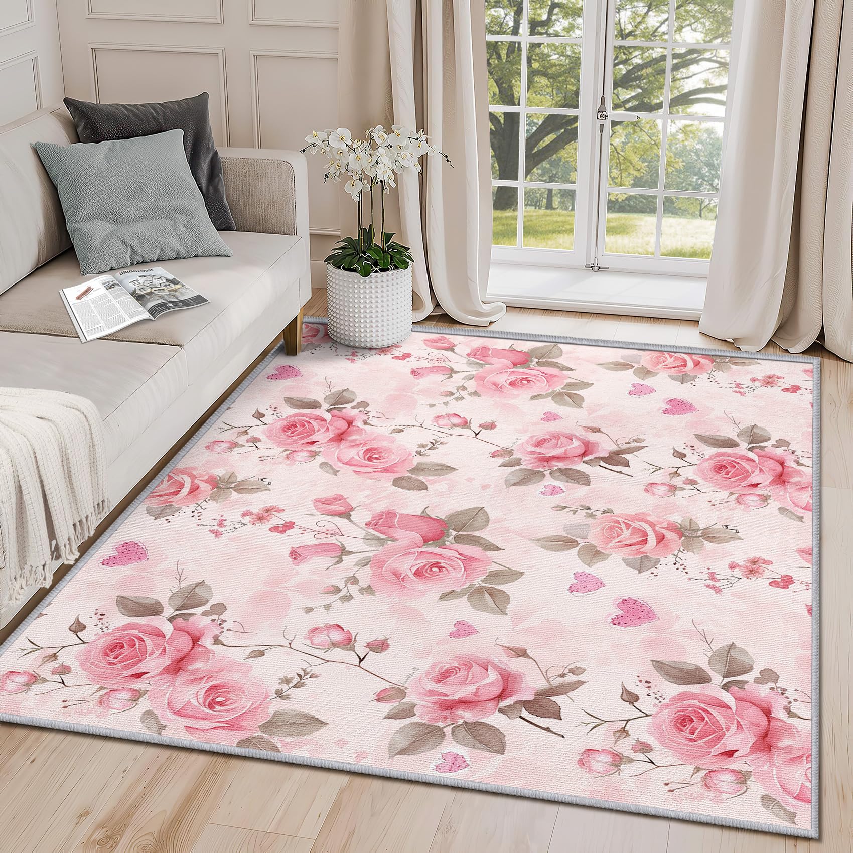Clofmor Floral Rugs for Living Room - Rose Flower Botanical Romantic Washable Non Slip Short Pile Bedroom Carpet House Decoration, 120x170cm, Pink
