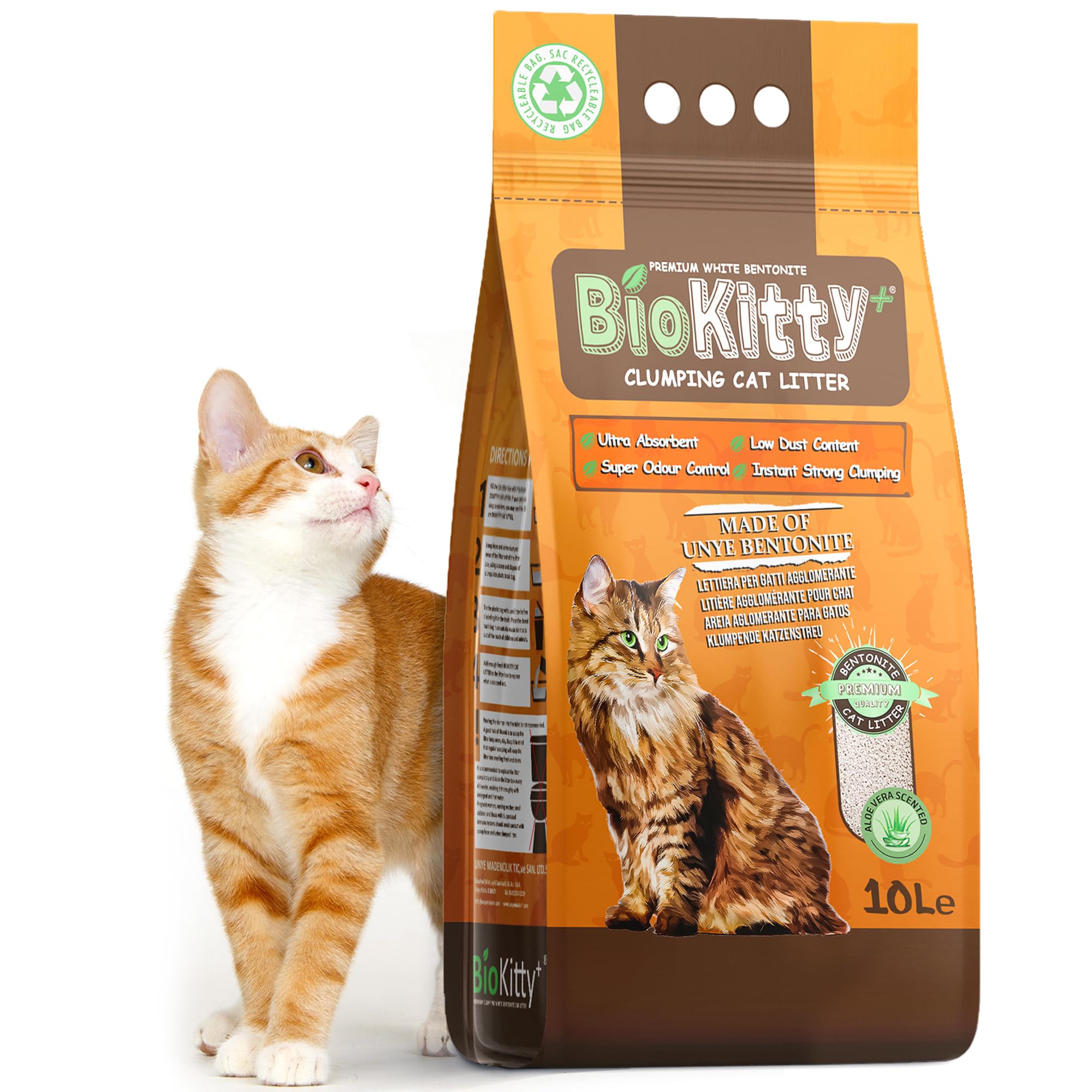 BioKitty Clumping Cat Litter, 10L Highly Absorbent Natural Bentonite Minerals Cat Litter, Long Lasting Odour Control, Maximum Hygiene with Strong Cat Litter Clumping (Aloe Vera, Pack of 1)