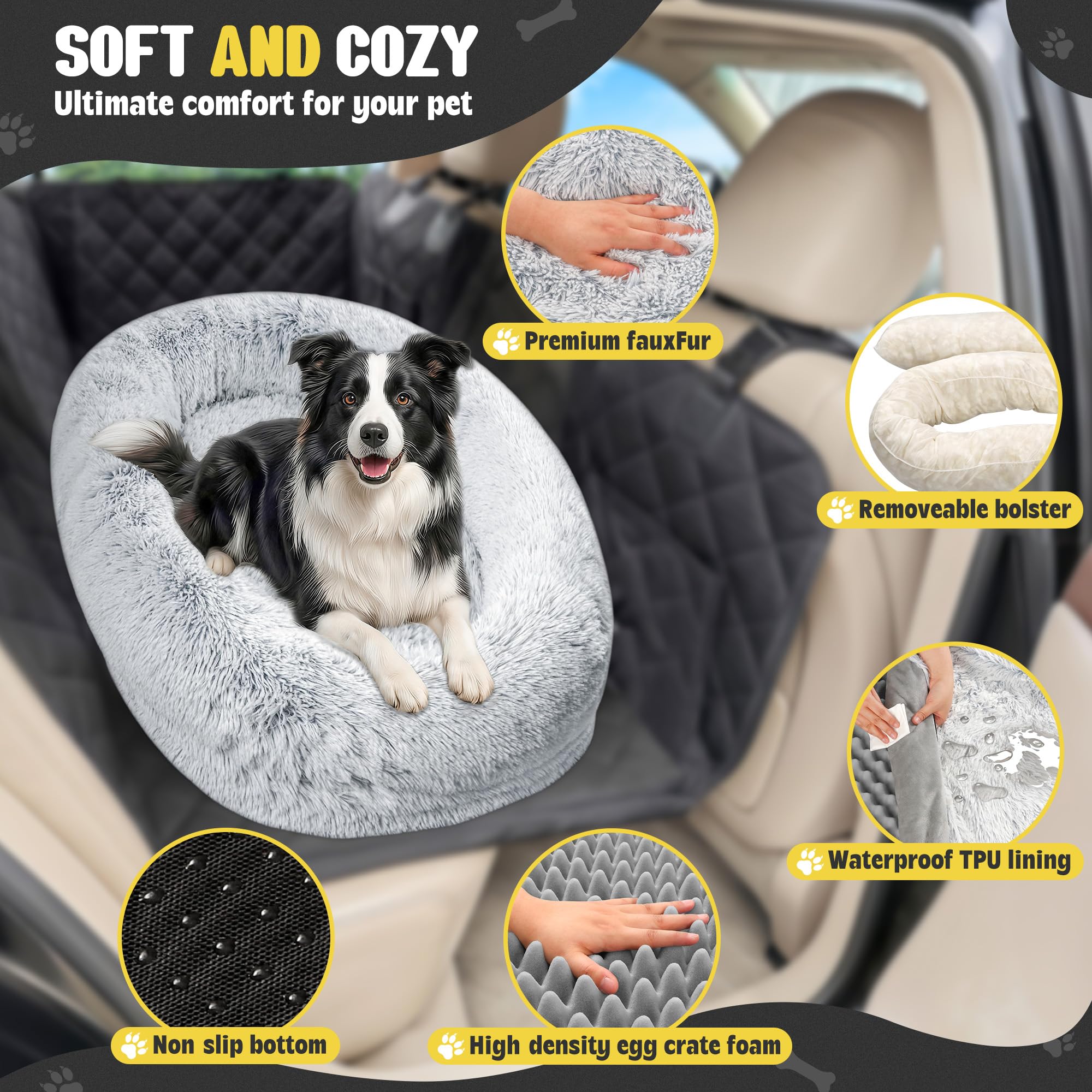 Loiion Premium Plush Orthopedic Car Dog Bed for Large Dogs, Dog Car Bed with Waterproof Liner & Non-Slip Base | Washable Faux Fur Travel Bed for SUV/Sedan Backseat (Light Grey, Medium) - image 5