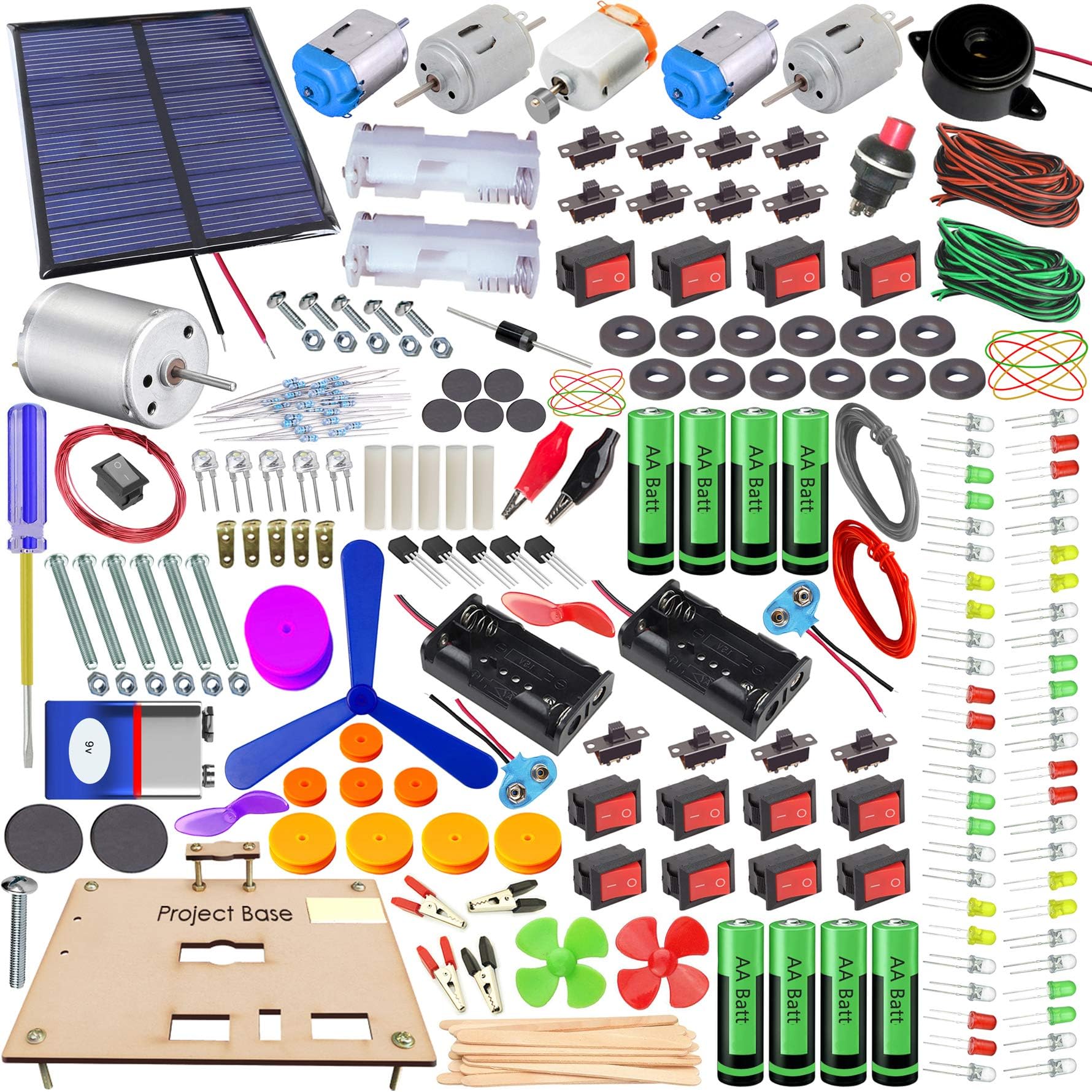 250 Components Innovative Educational Learning Kit with Project Base and Guide - Motor,LED, Switch,Wire,Pulley,Solar Panel,Connector,Clips,Holder,Lights,Fan,Buzzer,Project Items