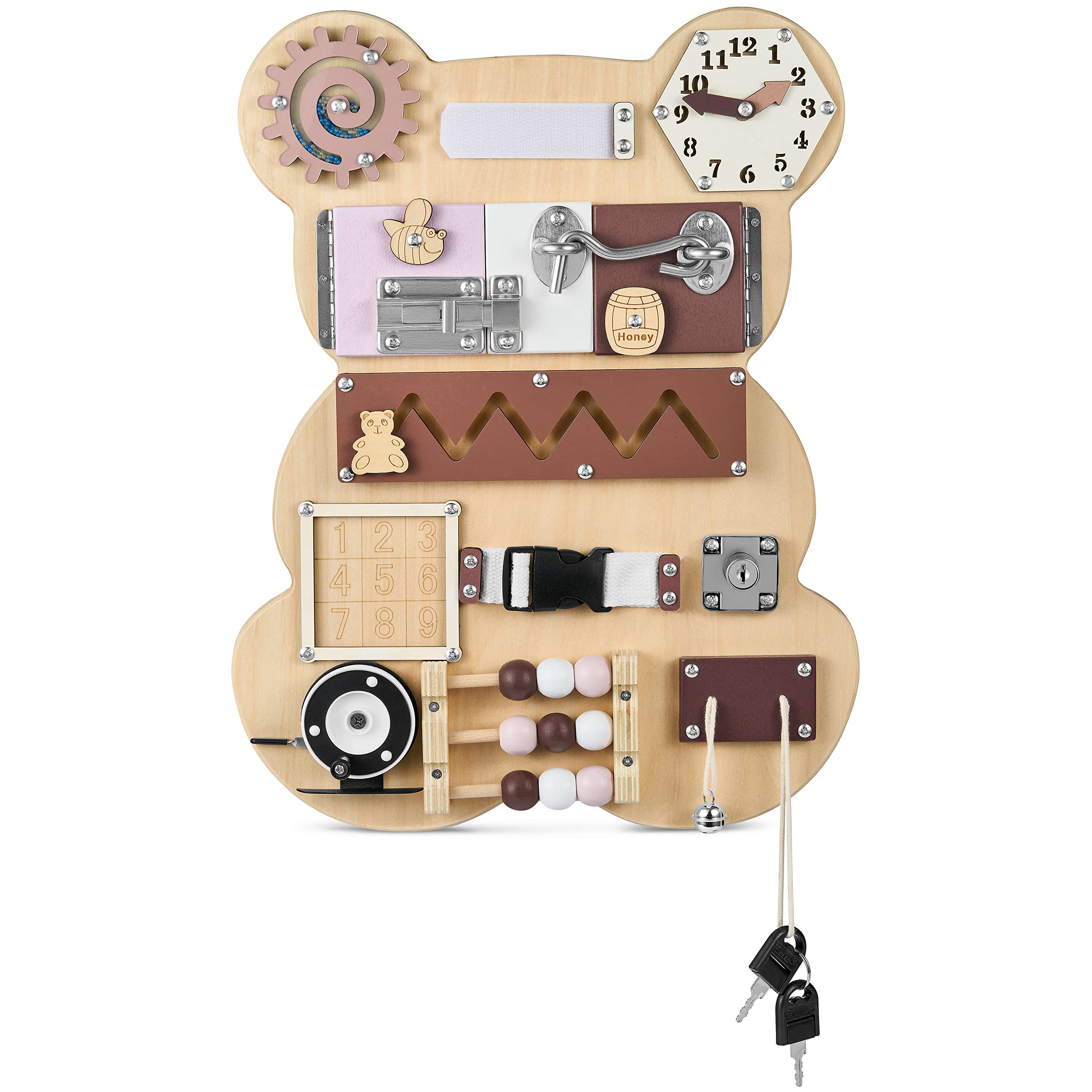 Balinco – Busy Board Holzspielzeug 13-in-1 – Montessori Spielzeug Activity Board – Sensorik- & Lernspielzeug in Bärenform – Interaktives Motorikbrett pädagogisch wertvoll