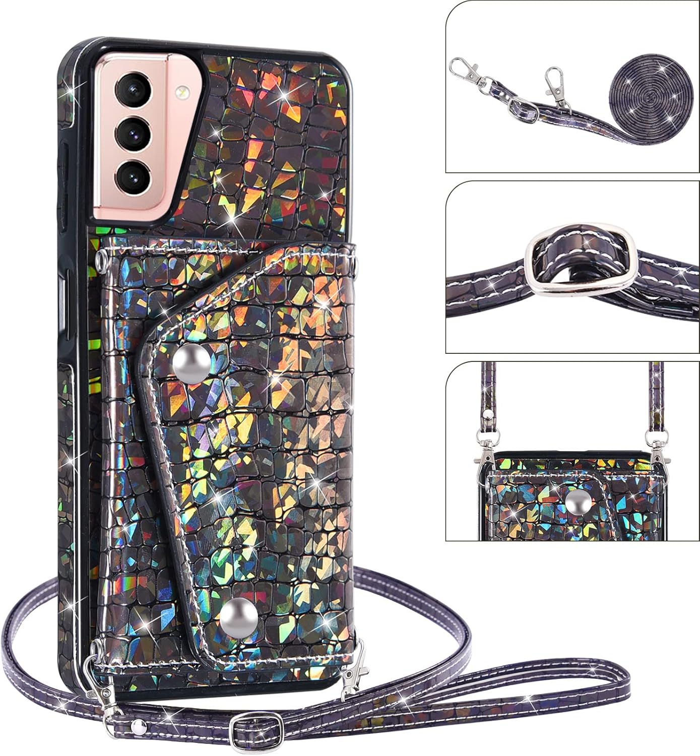 Asuwish Phone Case for Samsung Galaxy S21 Plus S21  5G Wallet Cover with Screen Protector and Card Holder Stand Leather Bling Glitter Cell Accessories S21 5G S21plus 21S   S 21 21  G5 Women Men Black