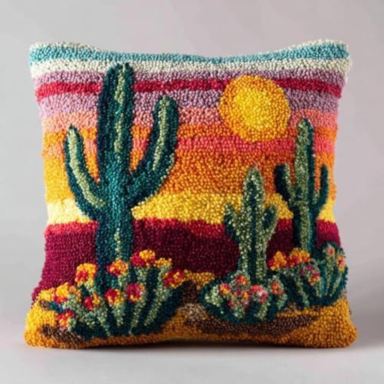 kitphoenix Latch Hook Cushion Kit for Adults,Cactus Flowers and Sunset,DIY Pillow Cover Making Craft Set with Pre-Cut Yarn,Pre-Printed Canvas and Hook,43x43 cm for Beginners