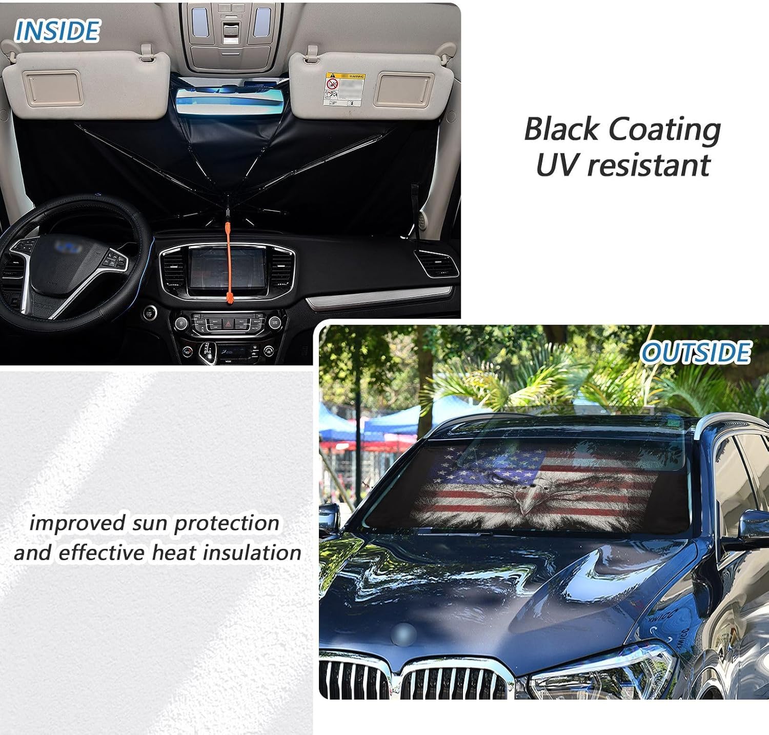 Dussdil Eagle Flag Car Windshield Sunshades Umbrella Window Sun Shade Visor Reflective Blocks UV Rays Protector Keep Cool Cover Foldable for Truck SUV Jeep