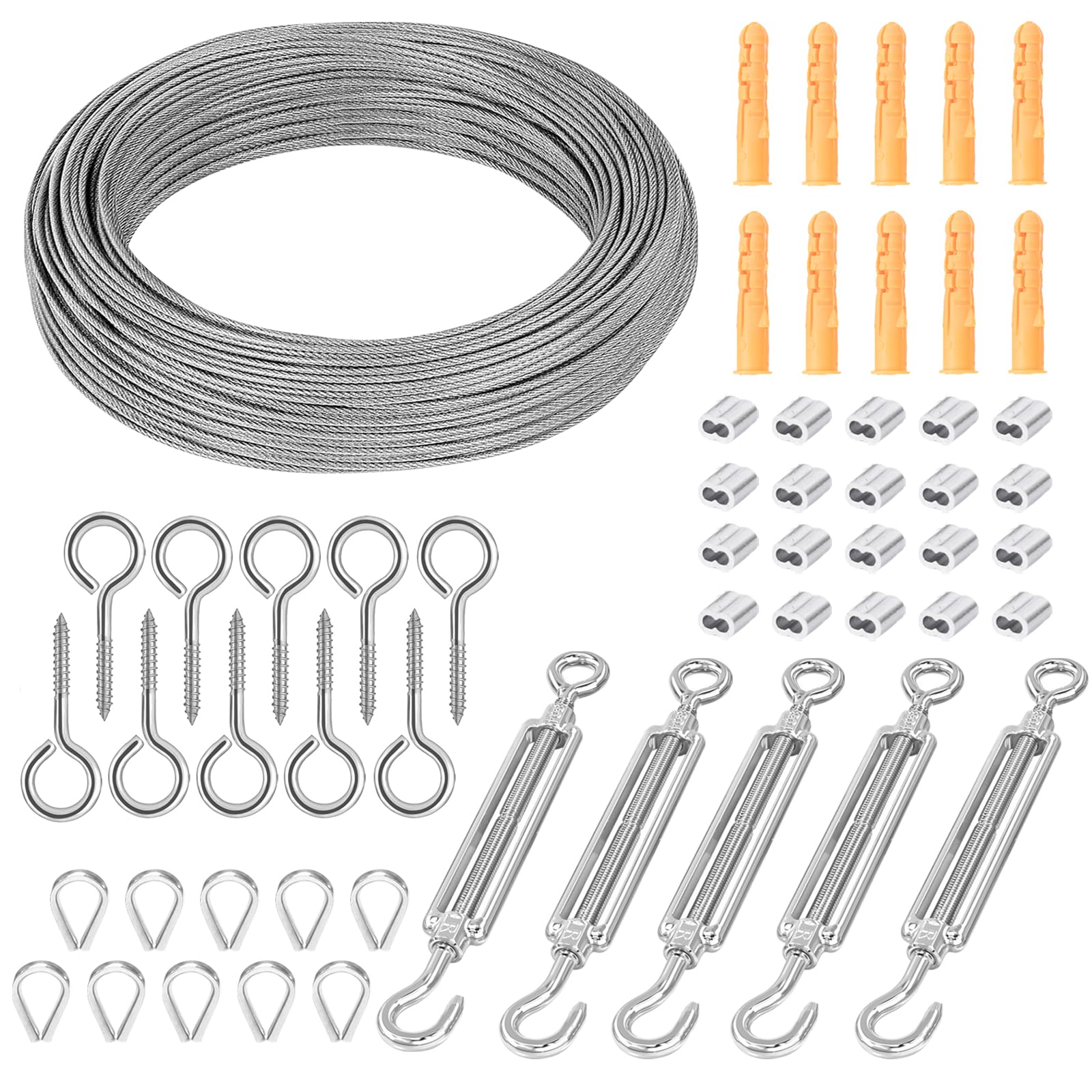 50m Cable Acero Inoxidable,Kit de Cables de Acero Inoxidable para Colgar,Tensor Cable Acero para Luces de Cadena Tendederos y Cuerdas para Colgar Cortinas