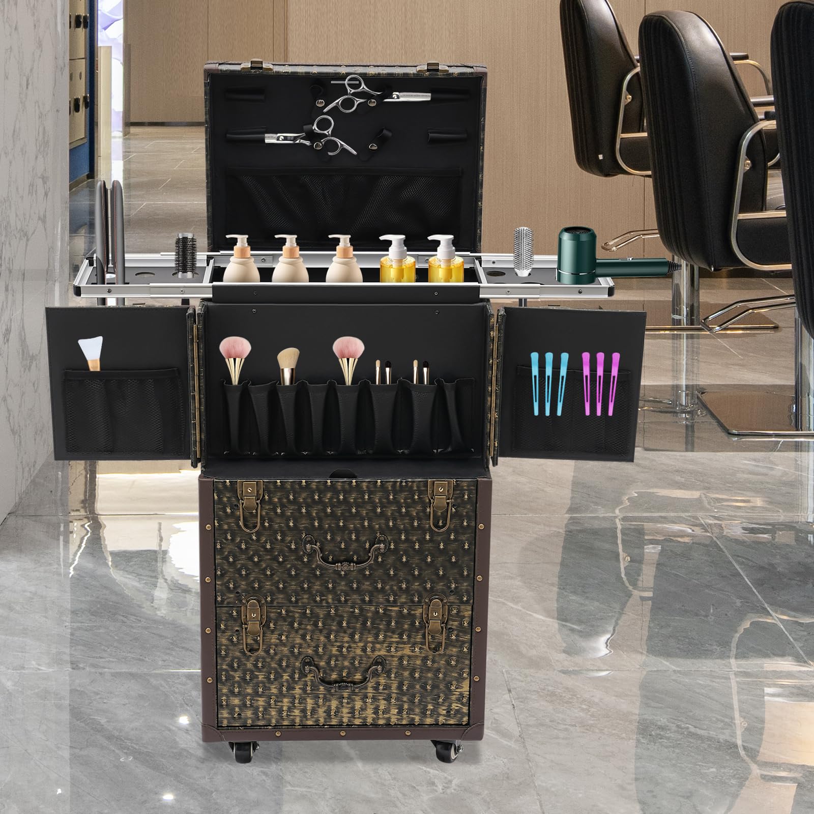 40 * 28 * 76cm Kosmetikkoffer Trolley mit Code- und Schlüsselsicherung,25 kg belastbar Schminkkoffer aus PU/PVC,Rolling Hairdressing Case mit Bremsrollen,Make up Koffer für Salon Hochzeit & Reise