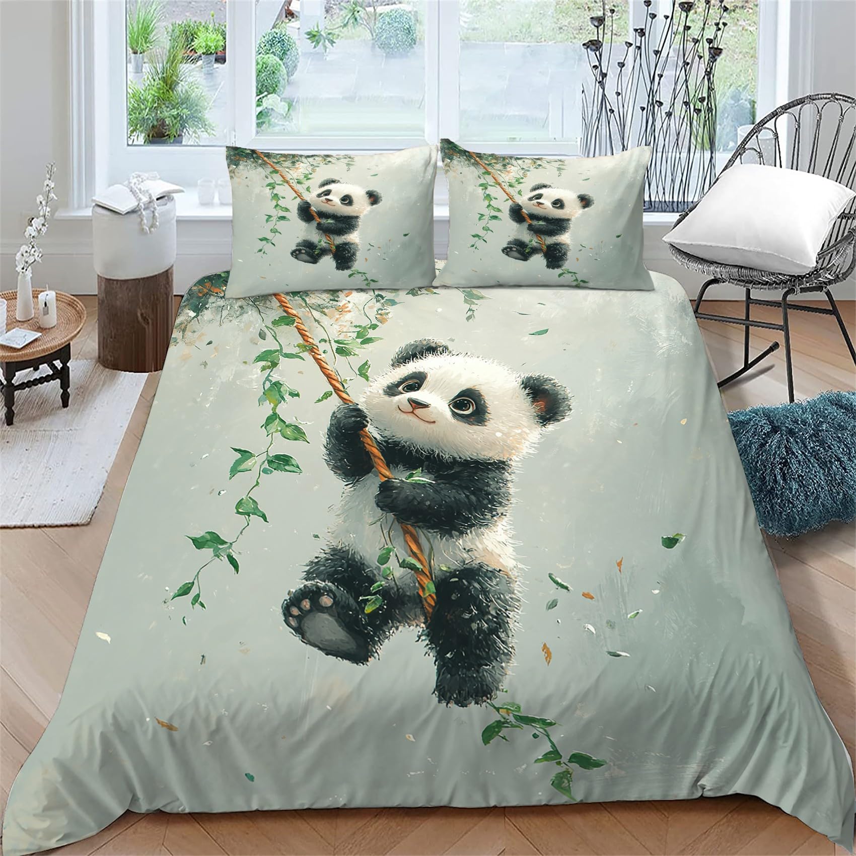 Housse de couette 140x200 anti-glisse avec zip et motif panda en microfibre douce