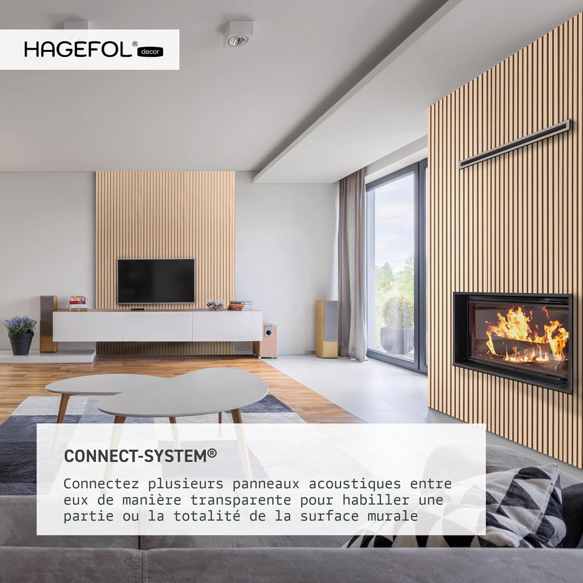 HAGEFOL Panneaux acoustiques en bois - 240 x 60 cm - Couleur : chêne, feutre : beige - Panneaux muraux en bois - Paroi à lamelles 3D en placage de bois sur feutre acoustique - 2400 x 600 mm