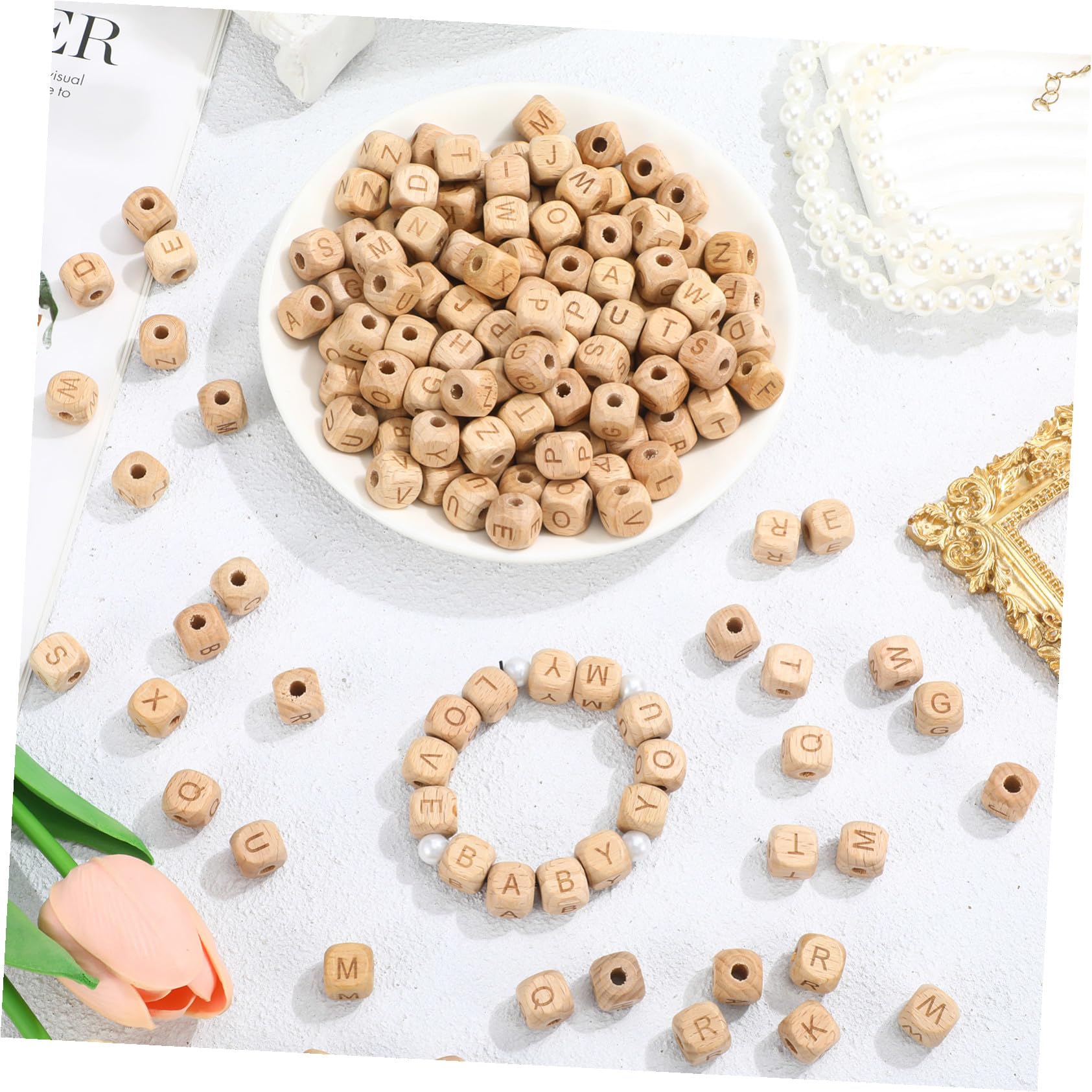 Cuentas de Letras de Madera Cuadradas para Manualidades, Artesanía Diy, 260 Piezas, Color Natural, para Pulseras y Decoración Educativa, Aptas para Niños y Proyectos Creativos