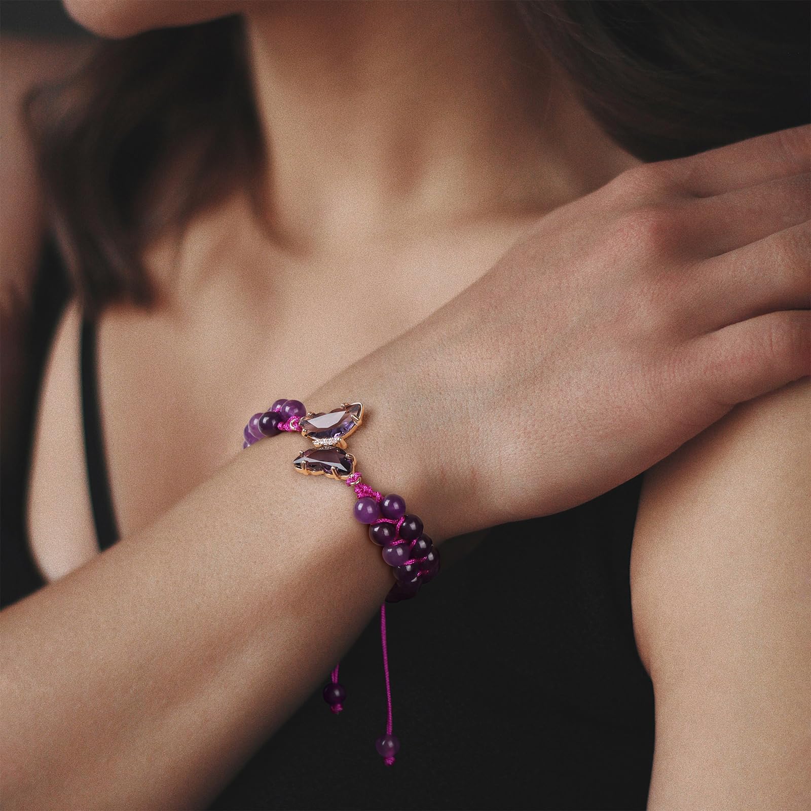 Braccialetto di Ametista per Donna, Braccialetti Anti-ansia con Perline di Ametista, ciondoli a Farfalla, Braccialetti a Strati di Pietre per Donna