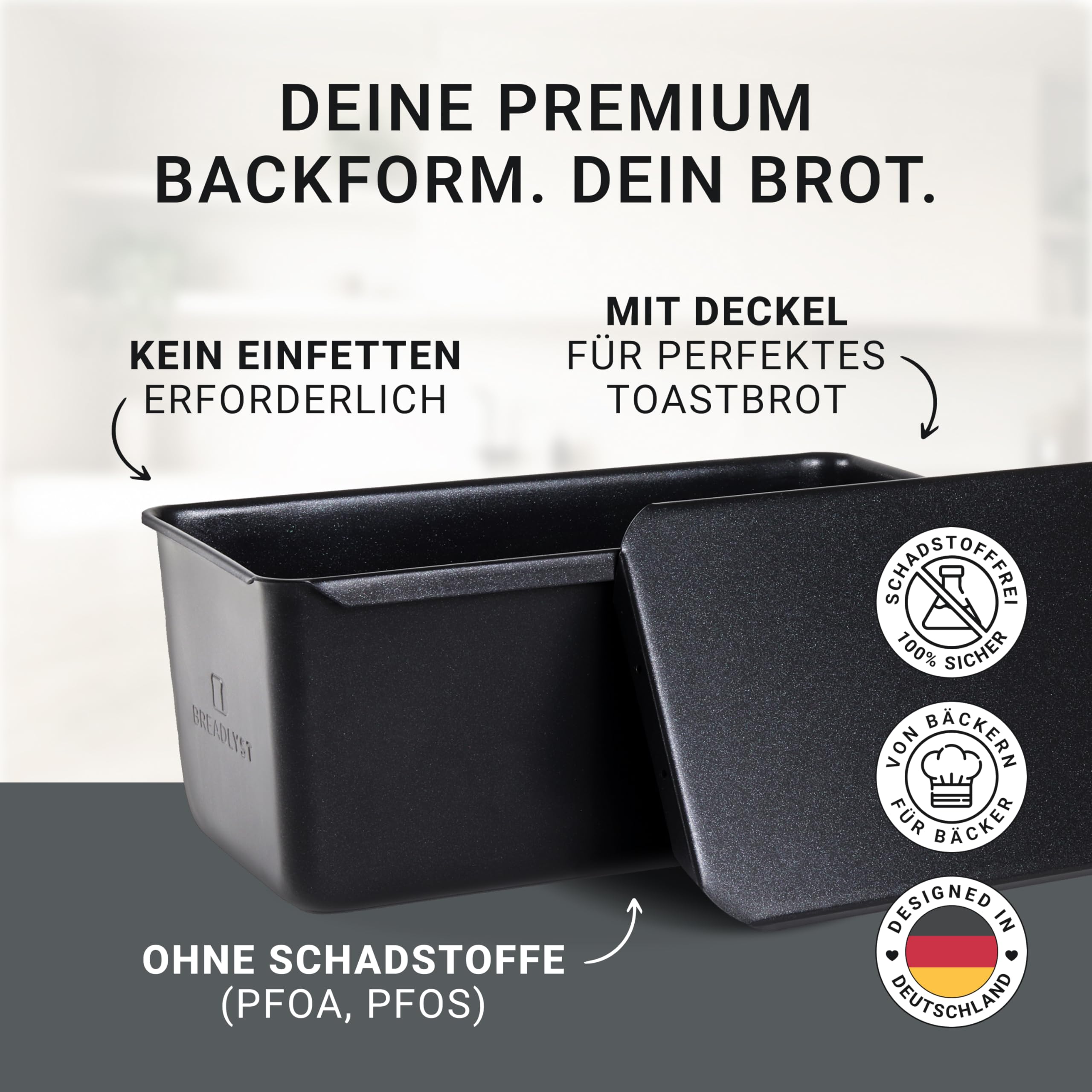 BREADLYST® Premium Brotbackform mit Deckel – Extra hohe Kastenform, Toastbrot-Backform aus Kohlenstoffstahl mit Antihaftbeschichtung, Brot backen Zubehör, Hitzebeständig bis 260 °C (23 x 11 x 10 cm)