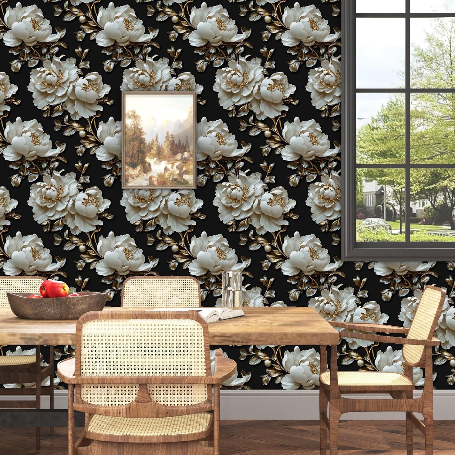 Laatse 3D White Floral Wallpaper Peel and Stick Gold Leaf Contact Paper 17.5"X118" Vinyl Waterproof Self Adhesive Removable Embossed Peony Wall Paper for Bedroom Living Room Cabinets