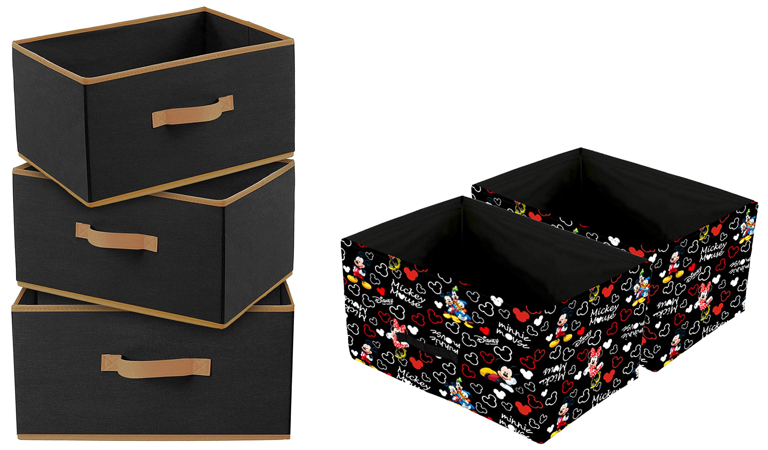 Kuber Industries Multipurposes Rectangular Flodable Storage Box, Pack of 3 (Black)& Disney Mickey Print Non Woven Fabric 2-Replacement Rectangular Drawer Storage And Cloth Organizer Unit