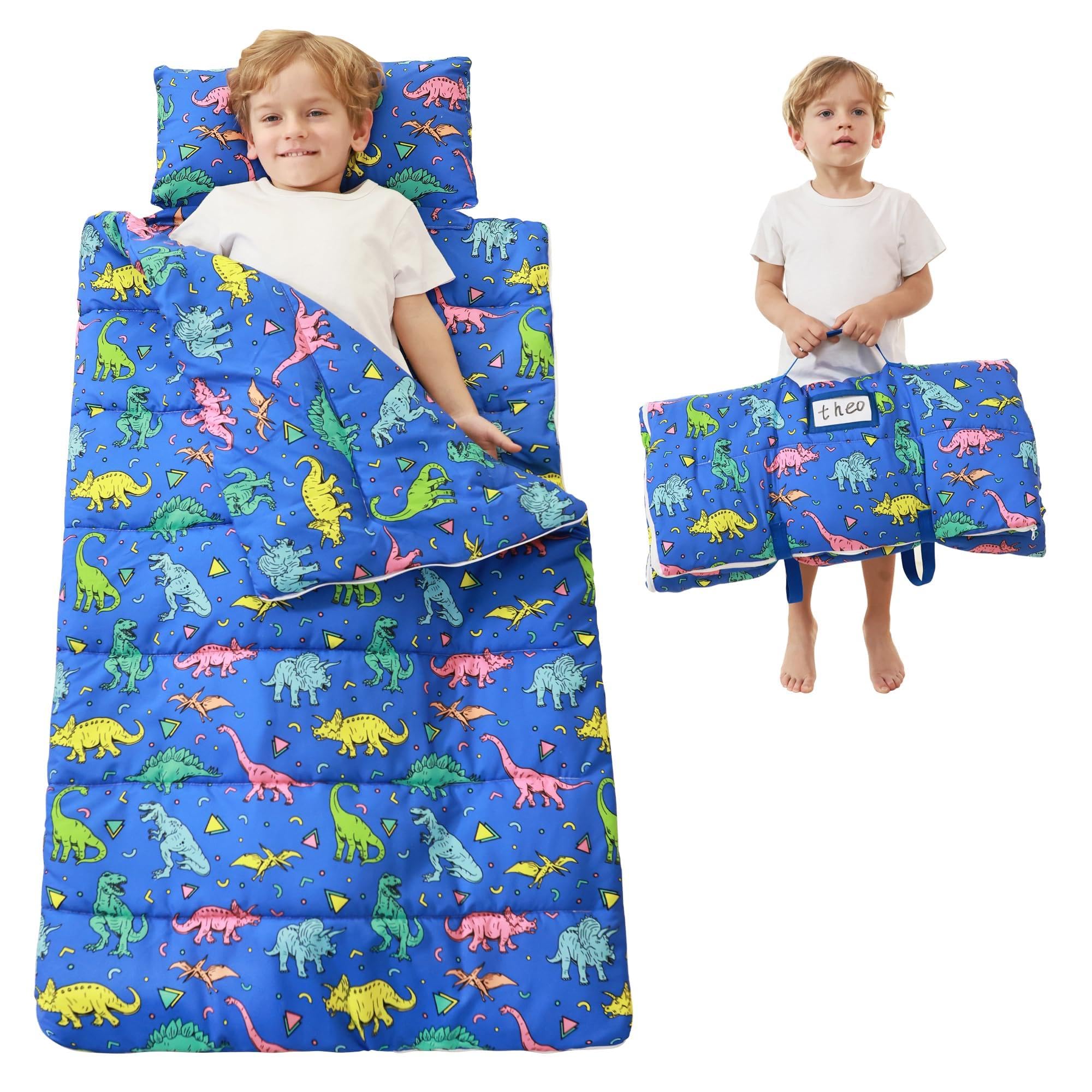 Toddler Nap Mat for Preschool 50''x30'' Sleeping Mat with Removable Pillow and Minky Blanket for Kids Ages 3-7 Roll Up Soft Sleeping Bag for Boys Girls Kindergarten Daycare Sleepover