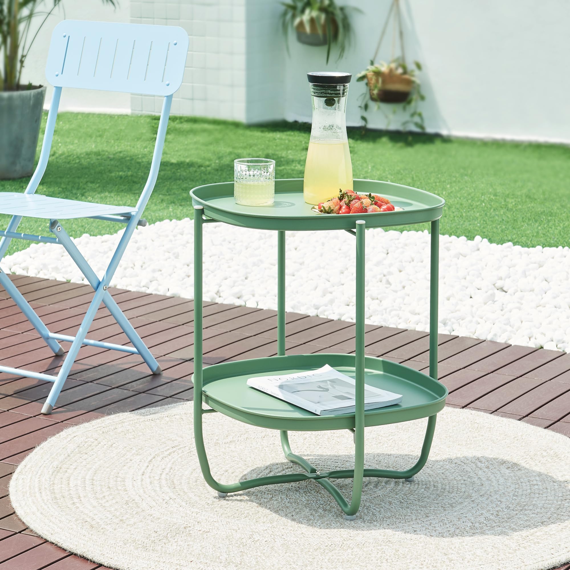 [en.casa] Mesita de Jardín Sandefjord Mesa de Café de Patio con 2 Bandejas Extraíbles Estilo Moderno Mueble de Jardín Terraza Balcón Acero 57,5 x 46 x 46 cm - Verde