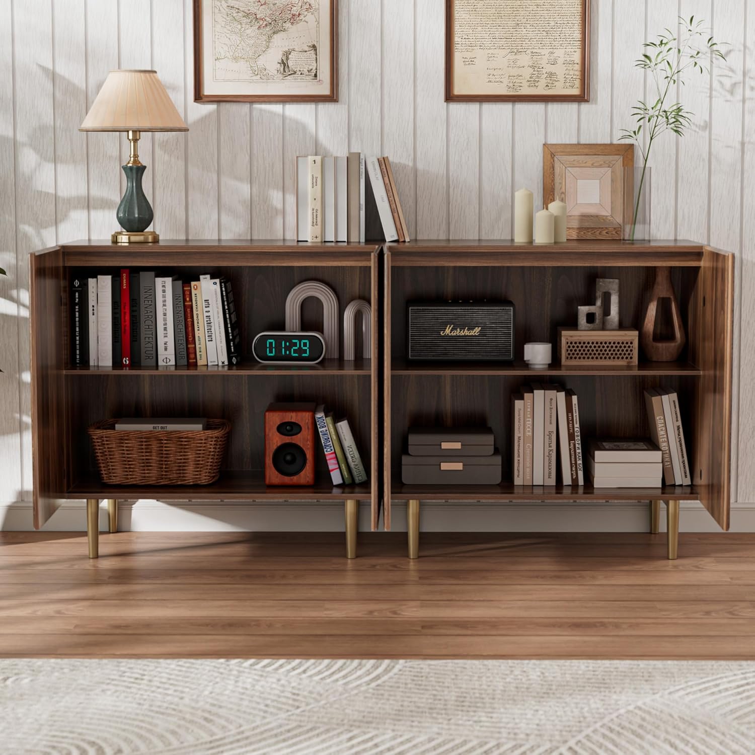 EAG Fluted Storage Cabinet, 31.5" Buffet Cabinet with Storage, Mid Century Modern Sideboard with Rhombic Doors/Adjustable Shelves for Kitchen, Living Room, Hallway, Entryway, Walnut