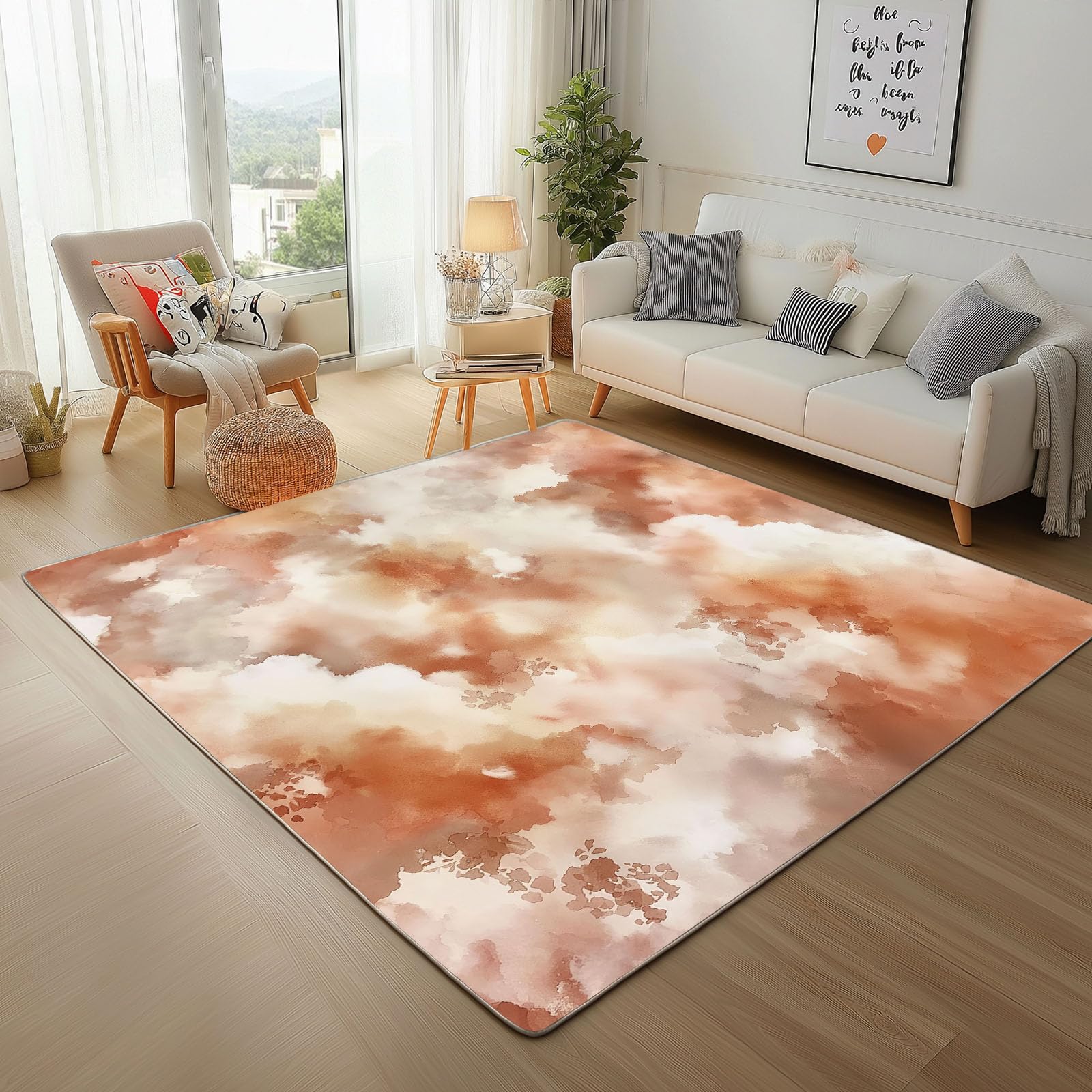 Tapis lavable antidérapant style marbre orange fini les glissades au salon