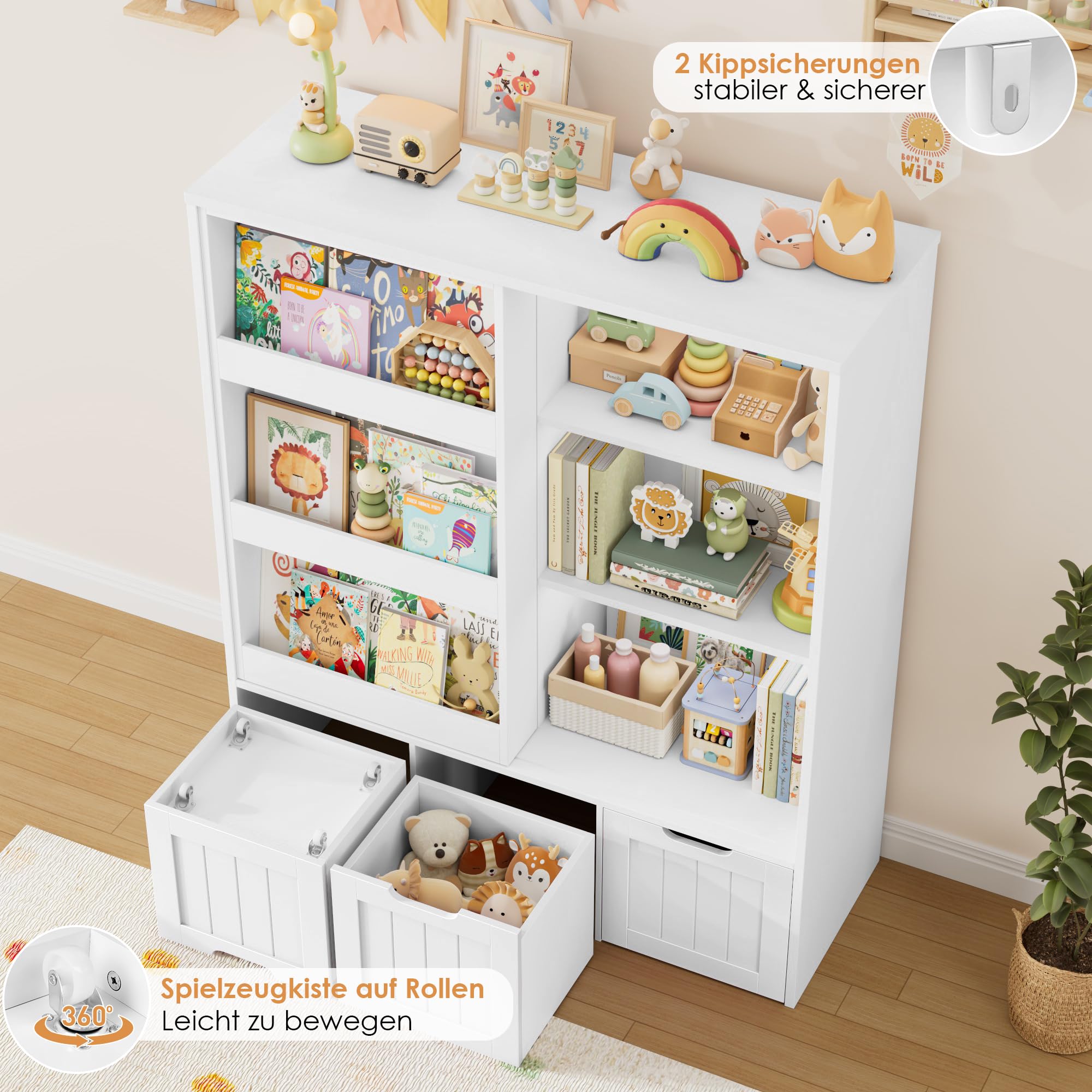 FOREHILL 120cm Kinderregal, Kinderzimmer Möbel mit Schiebtür & Bücherregal | Kinderregal für Spielzeug Aufbewahrung, Kinderschrank, Bücherregal Kinder für Kinderzimmer, Leseecke 120x37x100cm