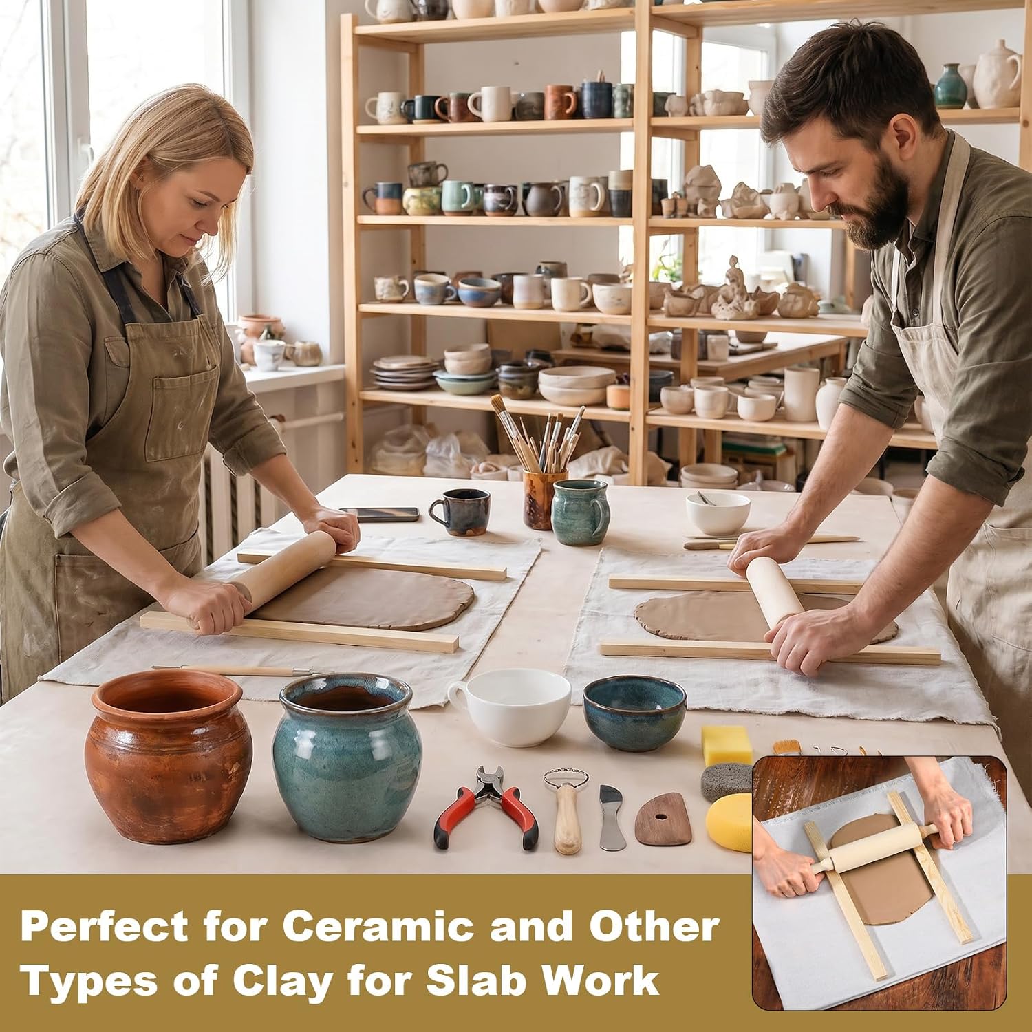 8PCS Clay Rolling Pin 3/5/7/10mm Wood Pottery Rolling Pin Guides