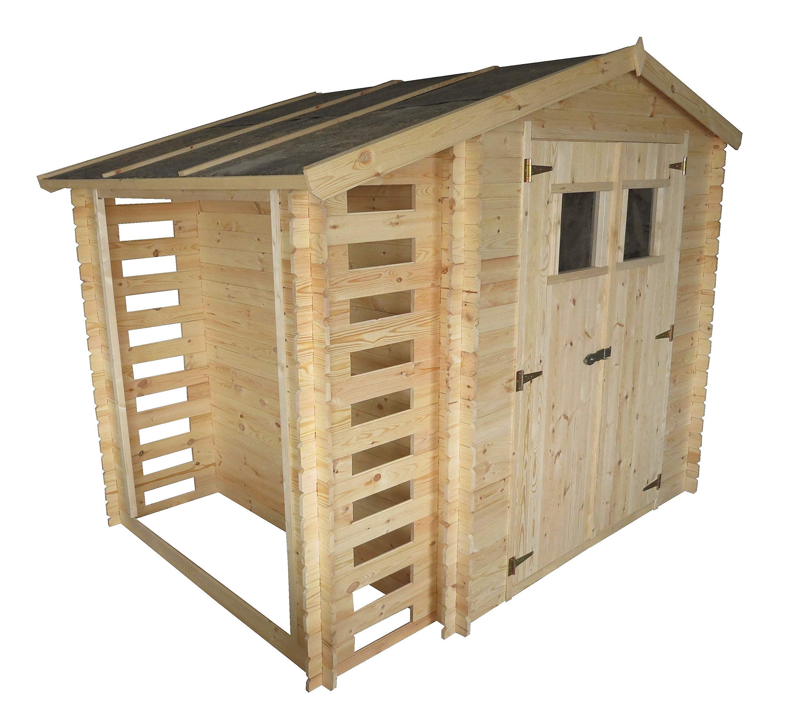 TIMBELA Drewniany domek ogrodowy z szopą na drewno M386+M386G – szopa ogrodowa z podłogą impregnowaną szer. 272 x dł .206 x wys. 218 cm / 3,53 + 0,97 m2 szopa do przechowywania, na rower, wodoodporny dach