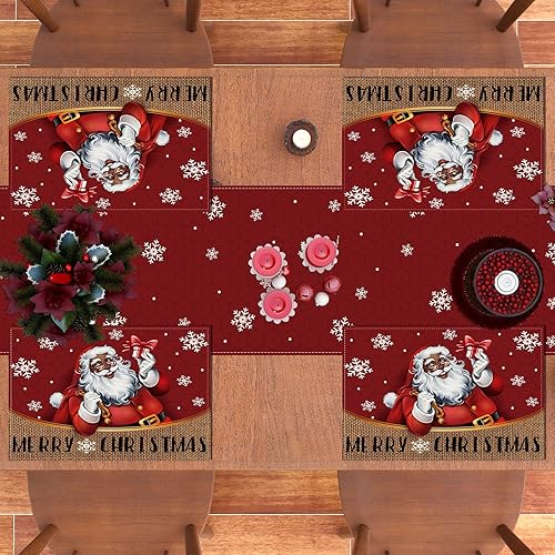 Miniatura 6 de Juego de 4 manteles individuales de Navidad afroamericanos, manteles individuales de Papá Noel negro, decoraciones y suministros para mesa del