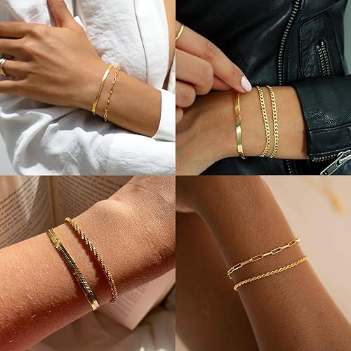 Miniatura 3 de Reoxvo Pulseras delicadas para mujer, de moda, chapadas en plata de ley, cadena de eslabones de latón chapado en oro de 14 quilates, joyería para