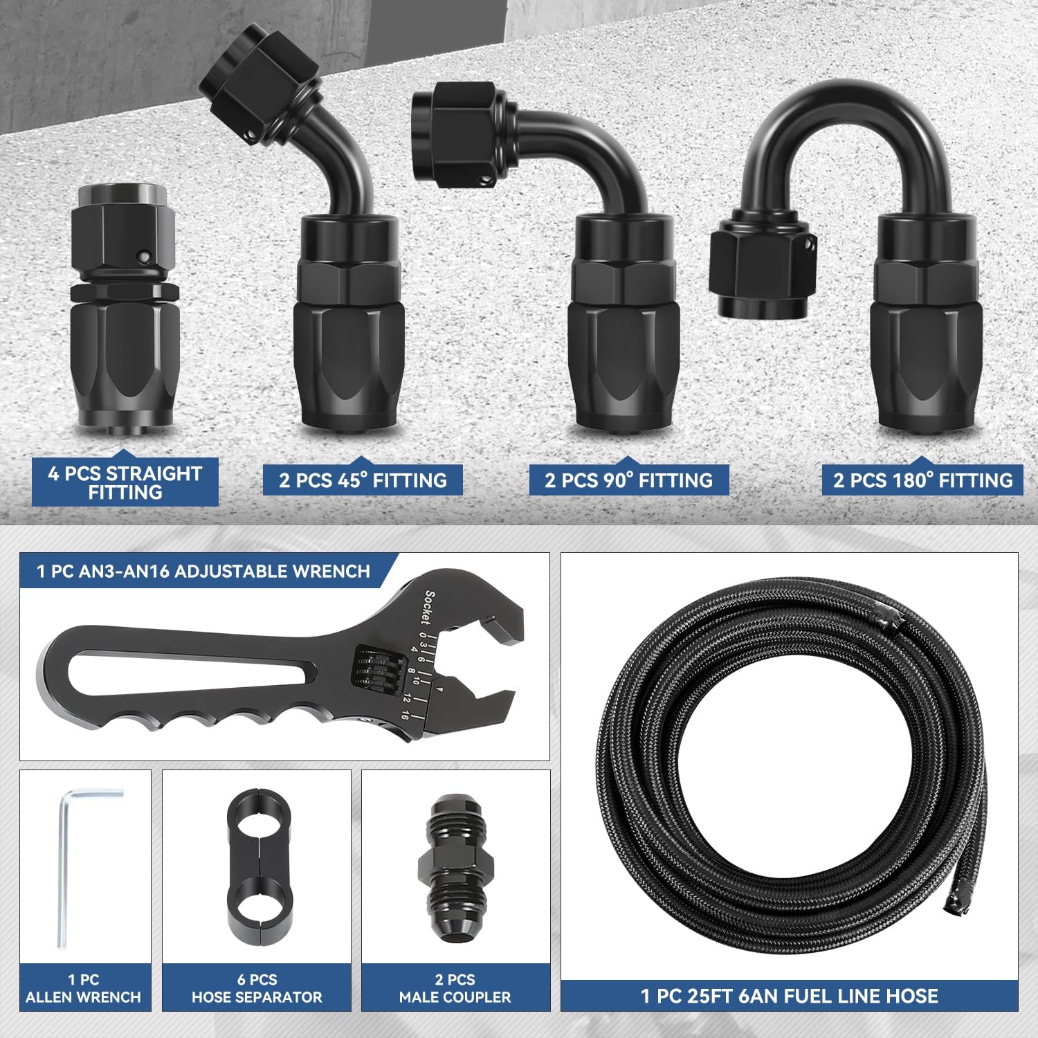 Auto Dynasty 6AN Fuel Line Kit, 0.34'' ID Nylon Stainless Steel Braided Fuel Hose Fitting Kit with Adapters, CPE 25Ft Oil Gas Hose Fuel Line End Fitting Kit, Black
