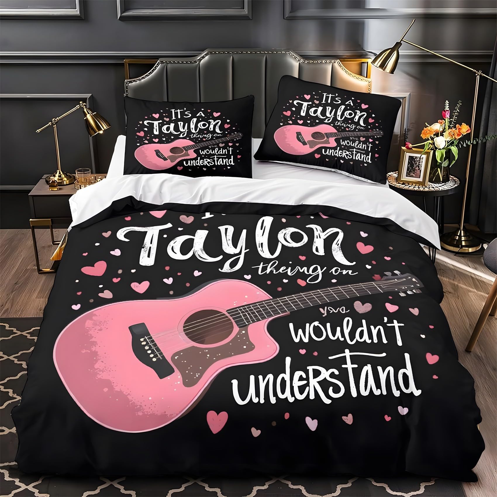 Housse couette noir et rose microfibre douce lit enfant 90x190 cm