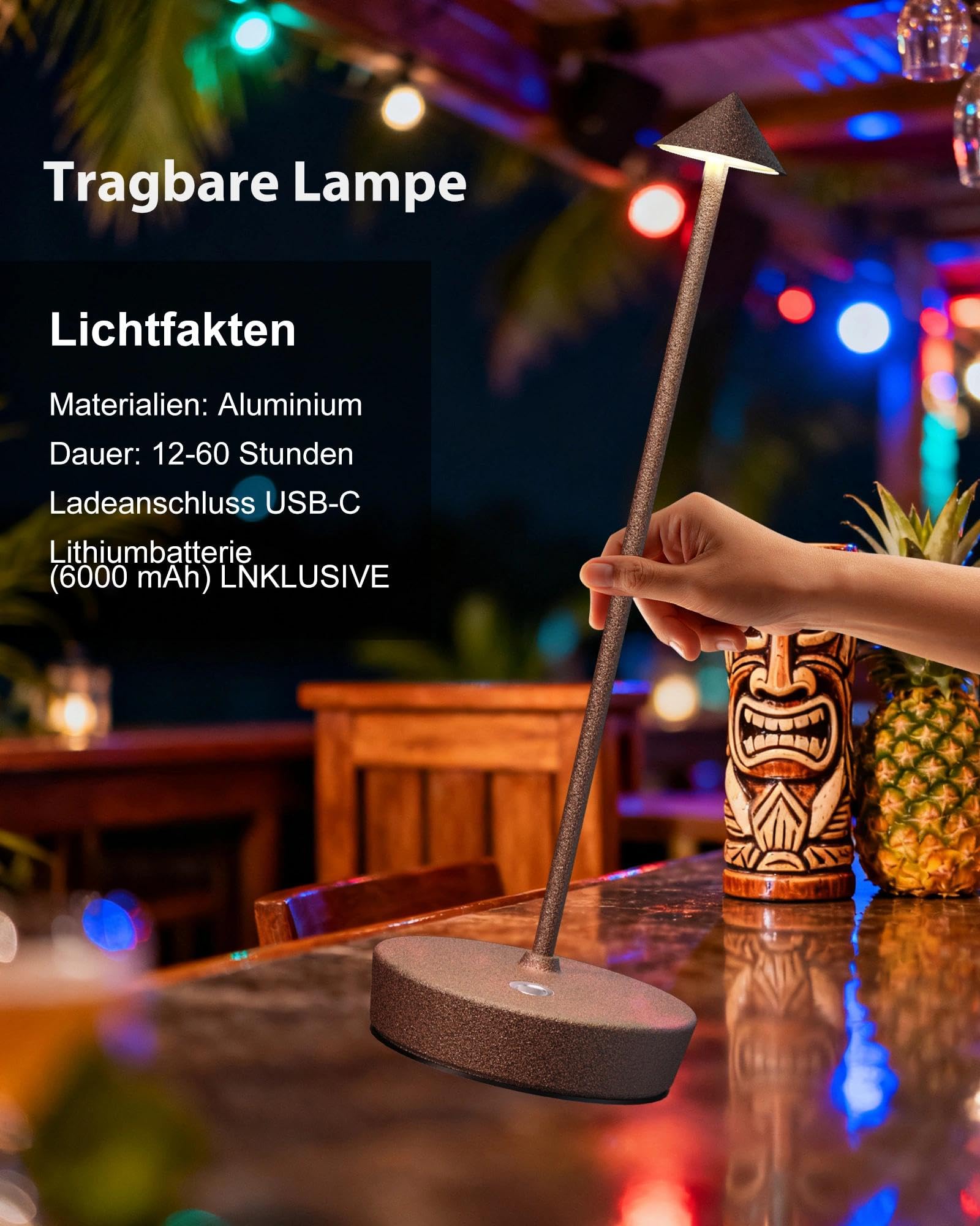 Kabellose Tischlampen Wiederaufladbar, 6000mAh Batterie Betrieben LED Schreibtisch Lampe Wasserdicht Tragbar Dimmbar Für Terrasse Restaurant Esszimmer Zuhause 2er Set Rost