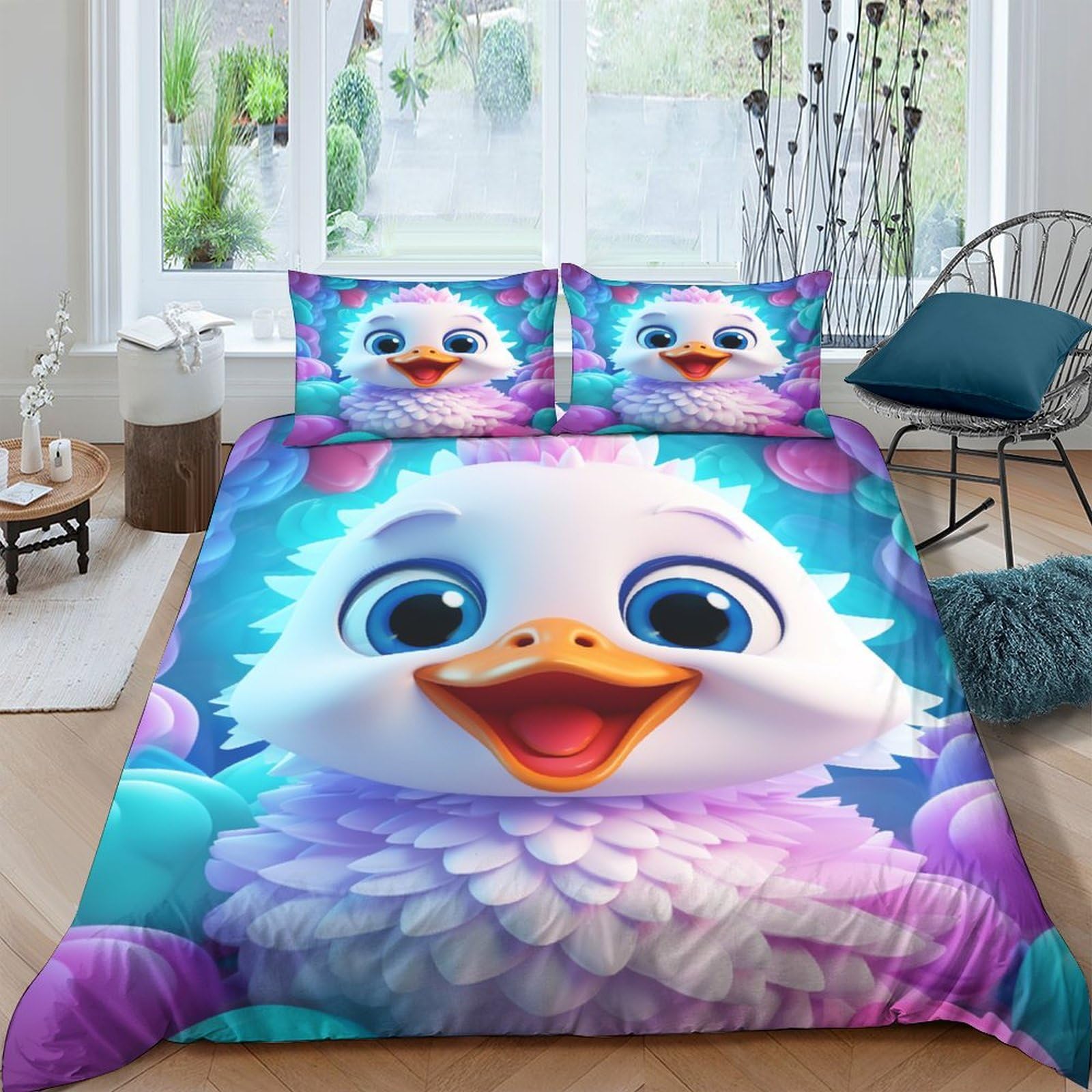 Housse de couette oiseau mignon 3D en microfibre King 220x240cm avec taies d'oreiller