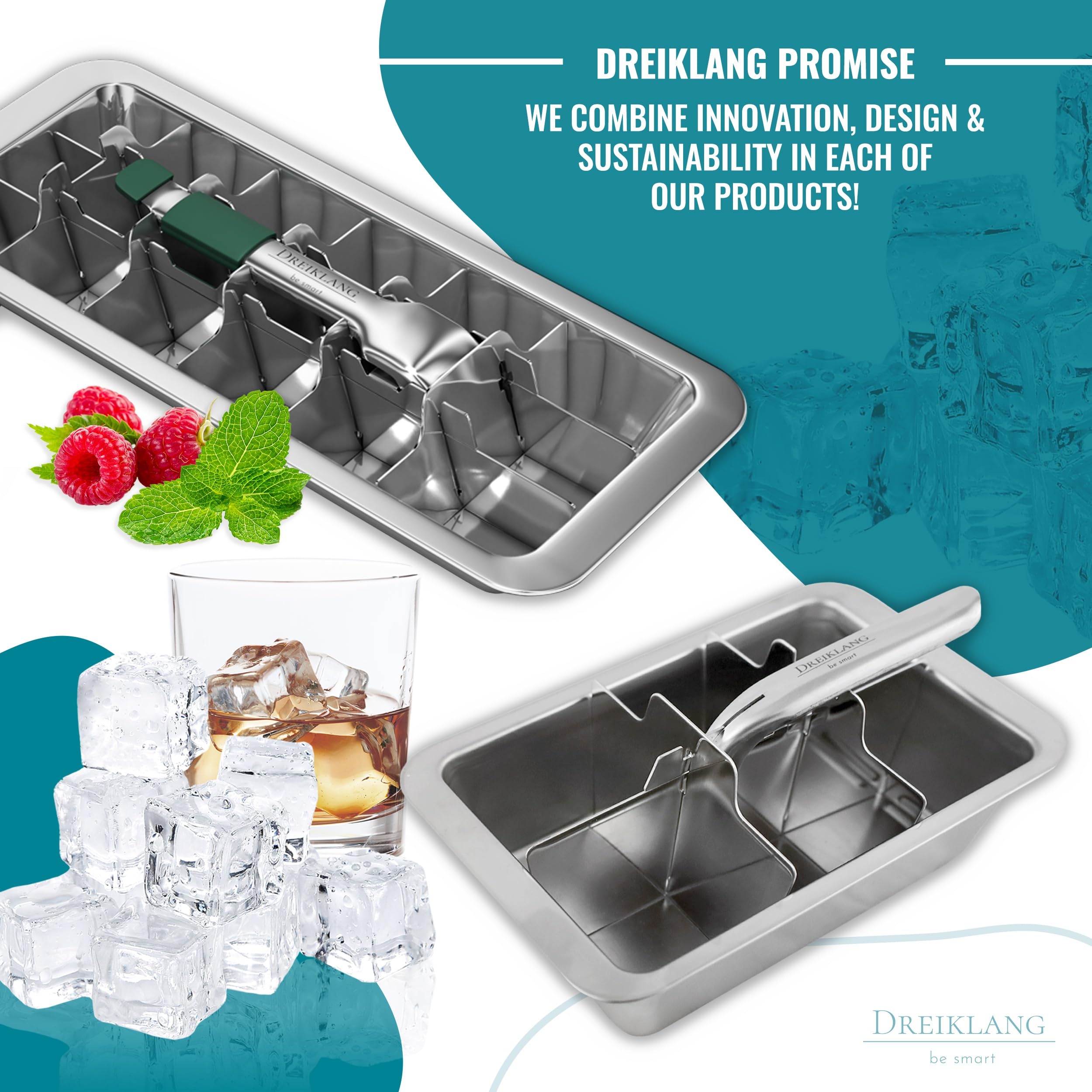 Dreiklang - be smart Forma do Lodu Stal Nierdzewna 18/8 polerowana z Dźwignią – Foremka na kostki lodu bez plastiku, bezpieczna & trwała Ice Cube