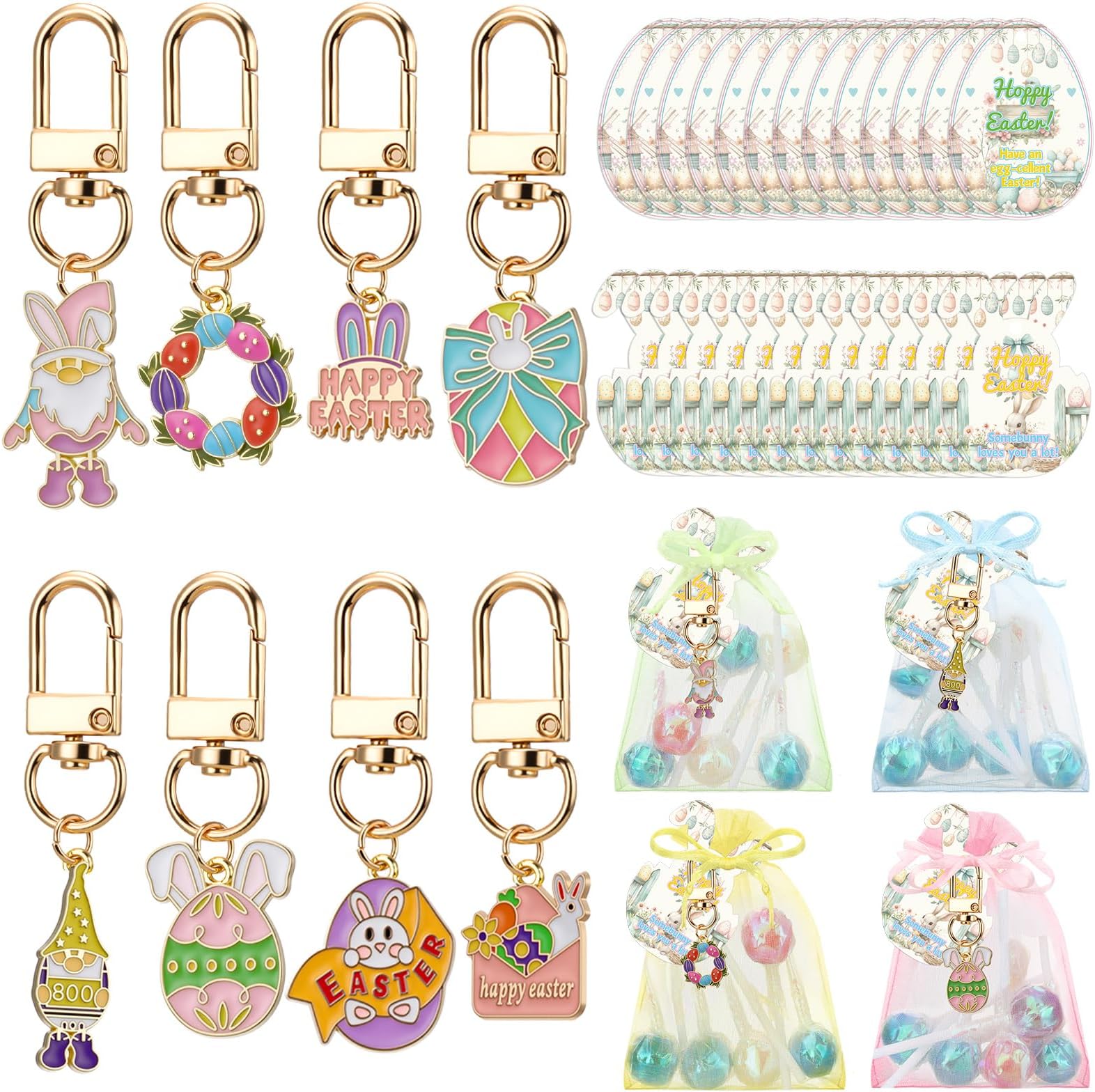 24 Sets Easter Gifts Bulk Easter Egg Themed Party Favors Rabbit Keychains Gifts with Label Tags Organza Bags for Hunting Party Decor Basket Stuffers Exchange Goodie Bag
