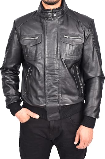 Men s Bomber Style Real Leather Jacket   Regular Fit Sheep Aniline Leather with Buckle Collar & Zip Closure, Boden