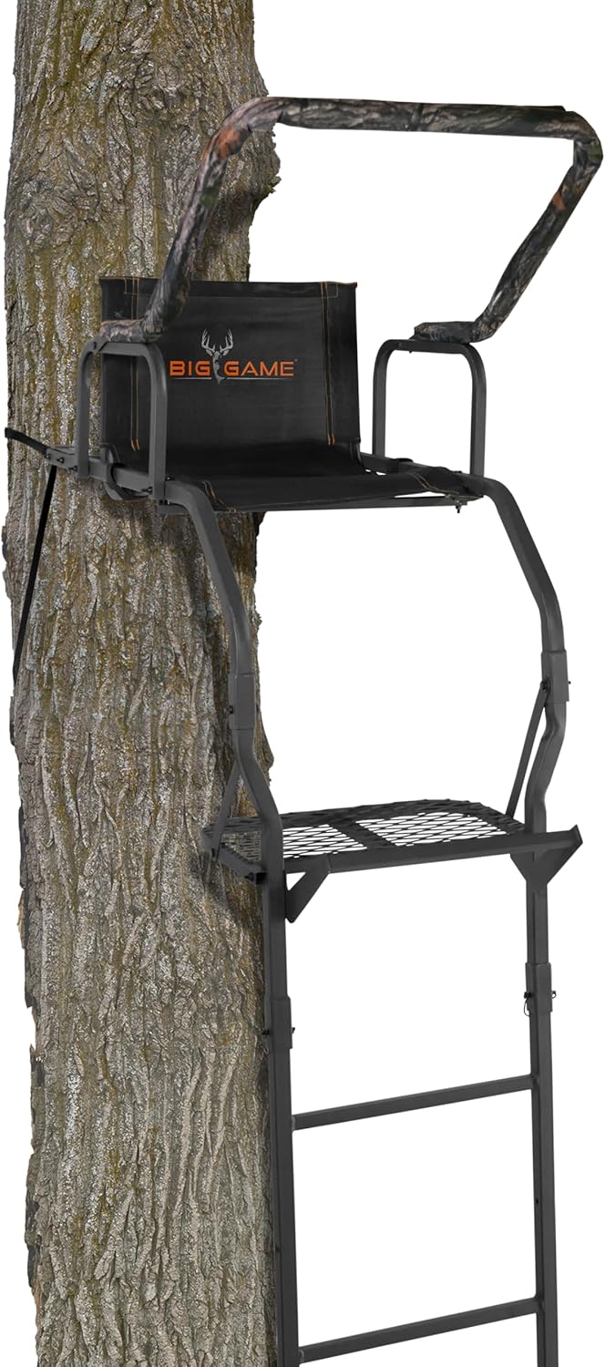 BIG GAME 1-Person Ladder Tree Stand for Hunting Deer, Flex-Tek Seat, Black - Adjustable Climbing Treestand with Platform and Safety Harness for Shooting