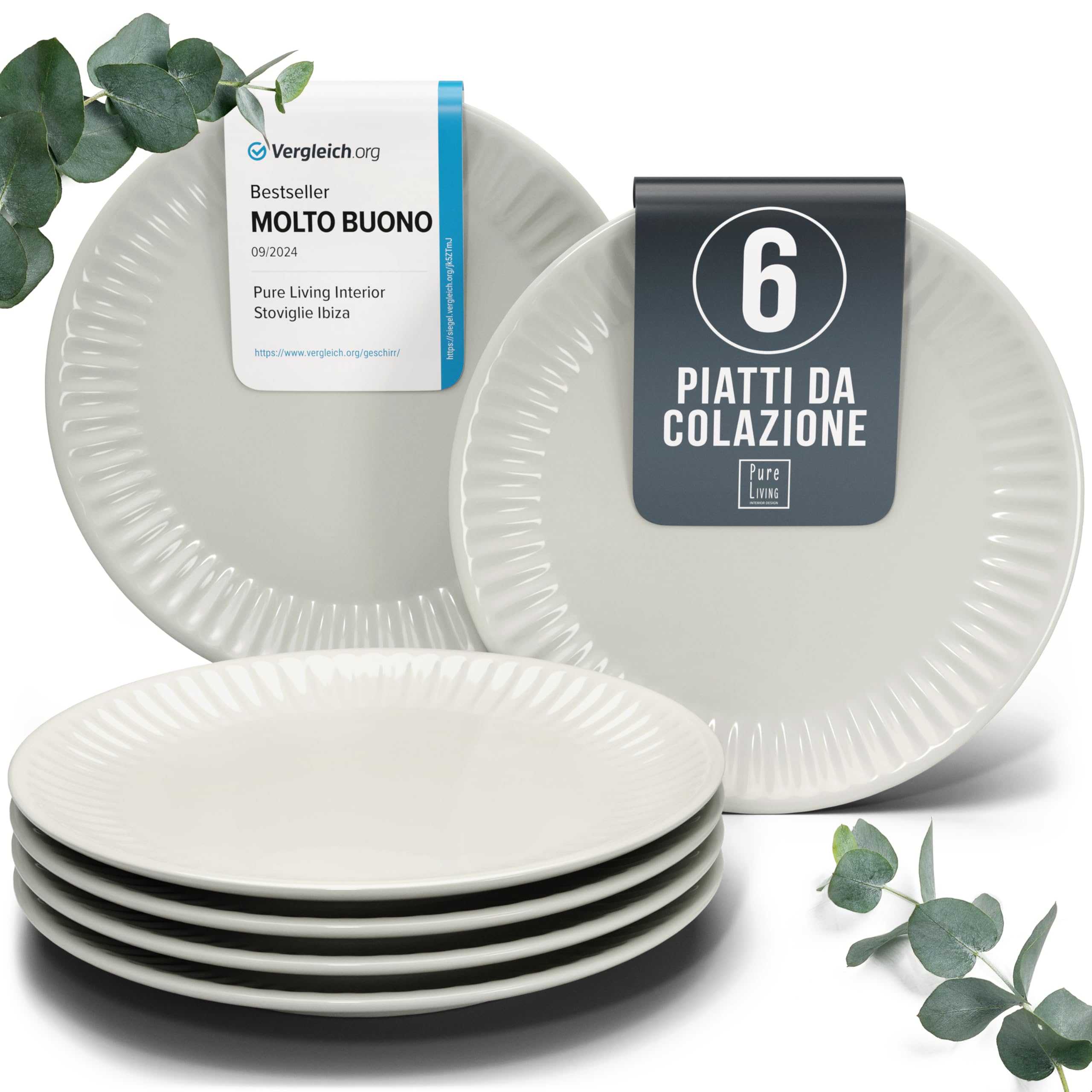 Set di 6 piatti per la colazione in gres, design HYGGE Scandi, piatti da dessert e da torta con design scanalato, piatti piccoli per insalate, stoviglie Pure Living in beige