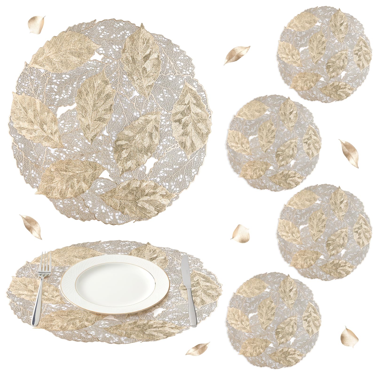 comfoyar Round Gold Leaf Placemats Set of 6, 38cm Washable Wipeable Vinyl Hollow out Blooming Leaf Place Mats, Waterproof Oil Proof Table Mats for Kitchen Dining Party Table Decoration