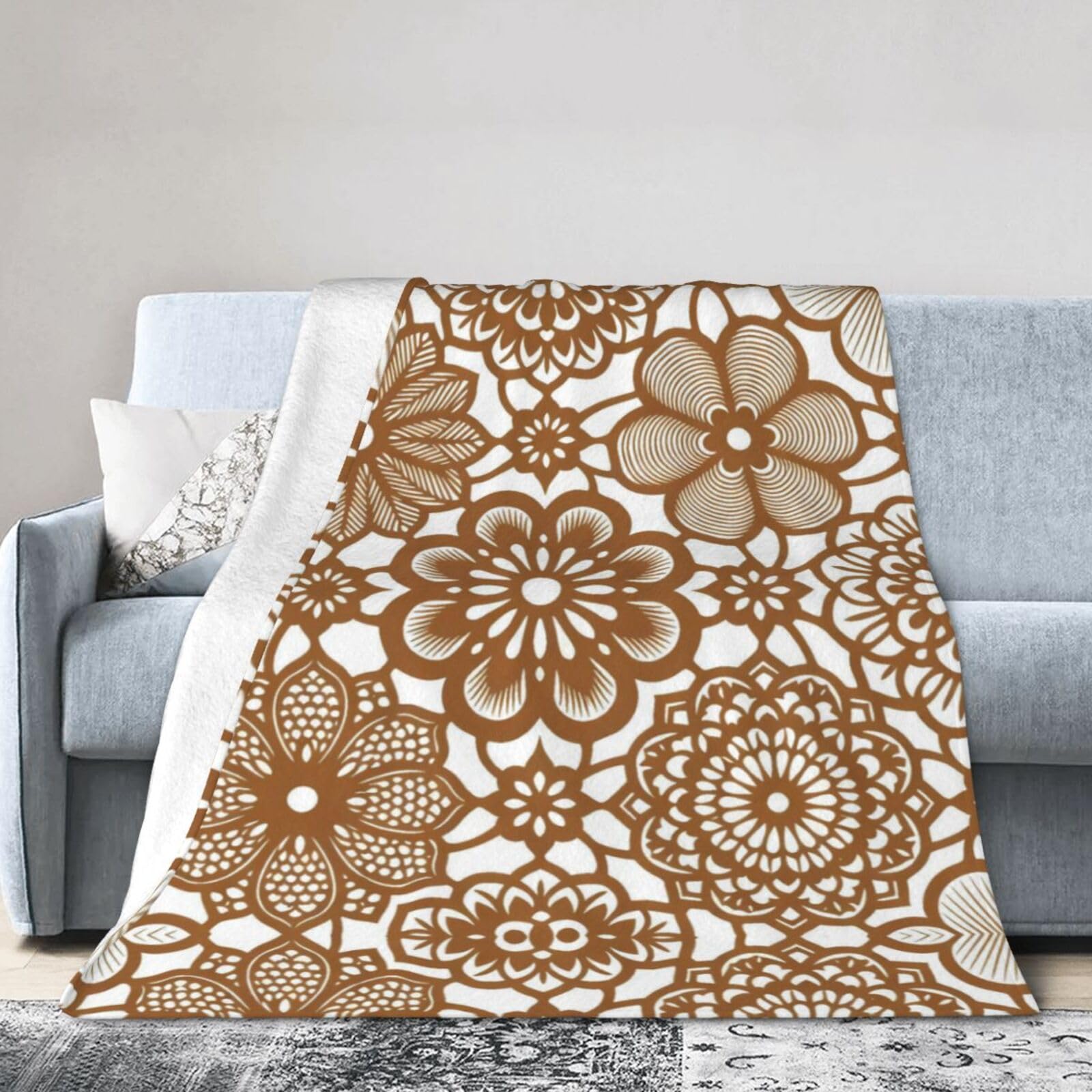 Couverture polaire motif floral marron 203x152 cm pour lit simple doux