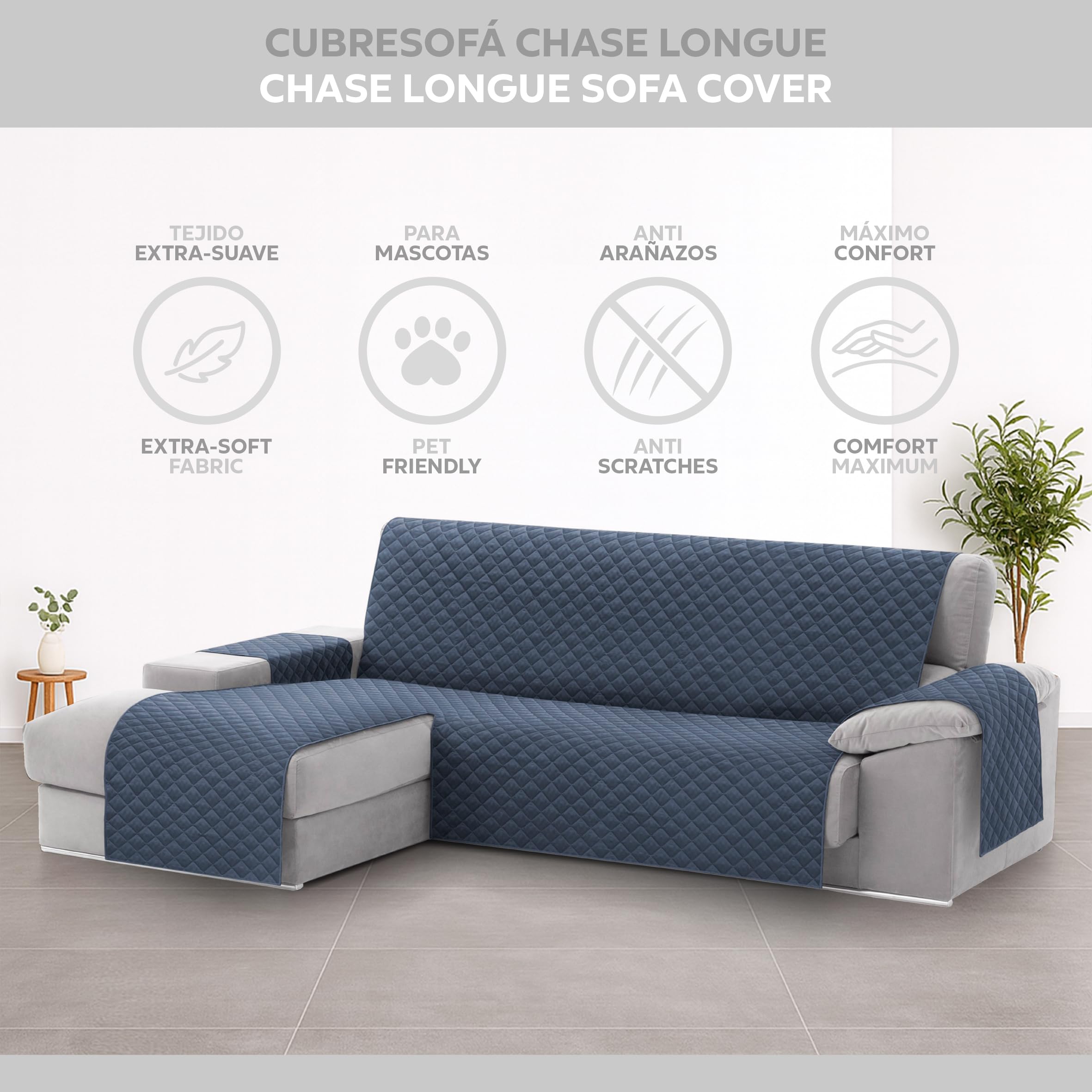 Textilhome Copridivano Chaise Longue con Penisola Malu 240cm – Salvadivano Trapuntato Universale con Bracciolo Sinistro, Protezione per Animali Domestici, Colore Blu (Visto da Davanti)