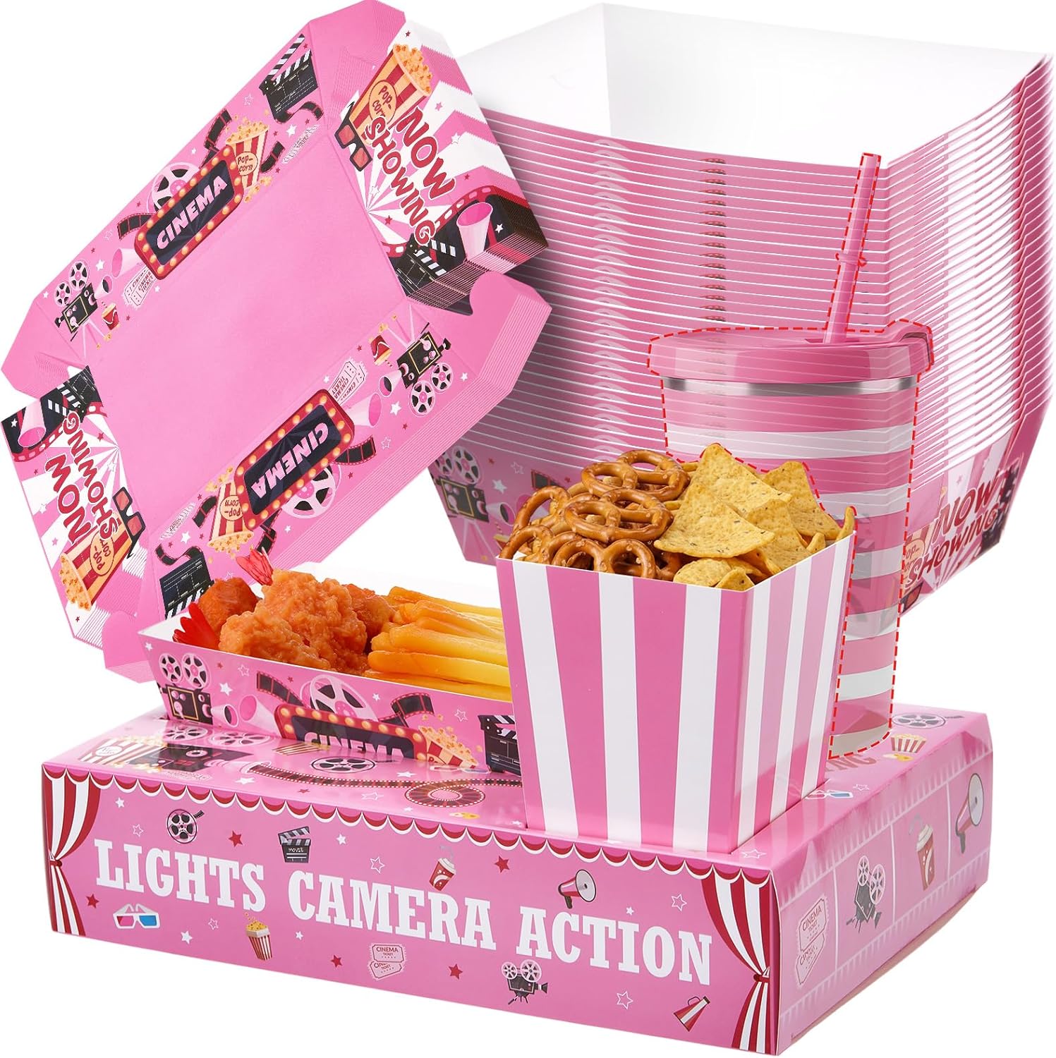 108 Pcs/ 36 Sets Movie Night Snack Trays Popcorn Boxes Cardboard Popcorn Buckets Containers Food Trays for Theater Party Decorations (Pink Movie Night)