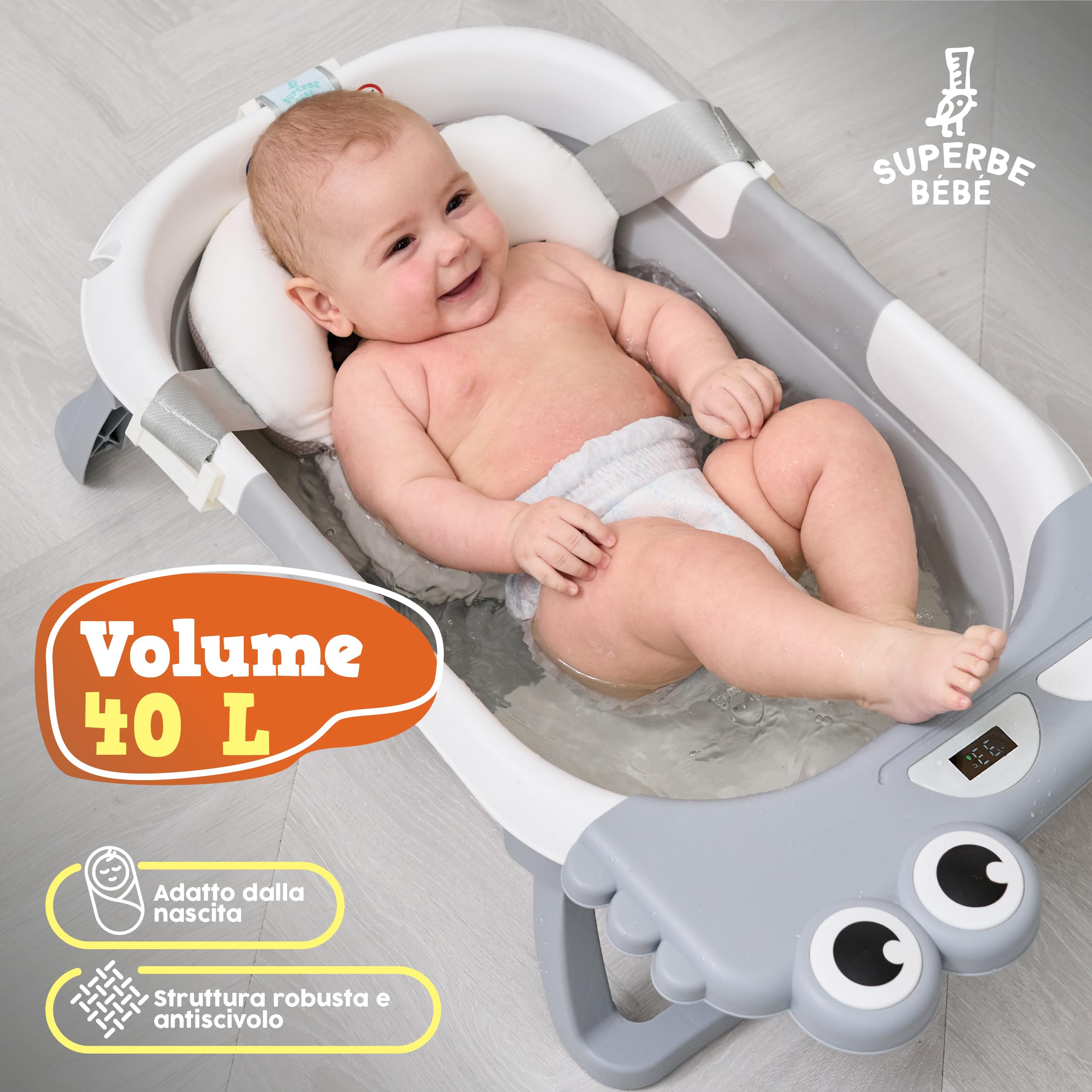 SUPERBE BEBE Vaschetta Pieghevole Con Cuscino Da Bagno E Termometro Incorporato-Vaschetta Per Bambini Con Supporto Da Bagno Gratuito-Regalo Di Nascita Ideale Per Bambine O Bambini-Dalla Nascita