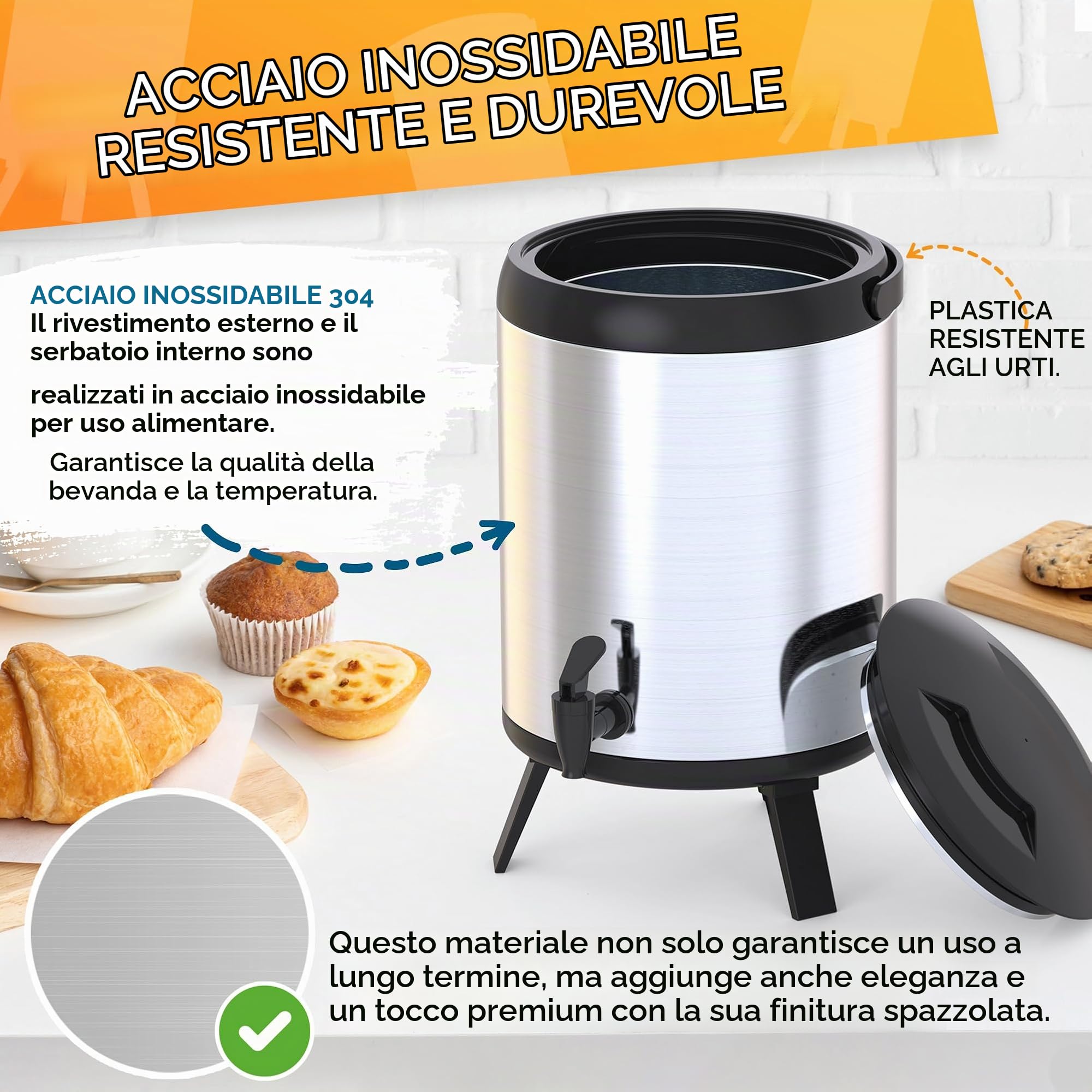 Thermos Grande - Thermos contenitore 6L portatile - Dispenser di bevande termiche con rubinetto - Dispenser di bevande fredde/calde, acqua, caffè - per catering, hotel, eventi o riunioni - acciaio