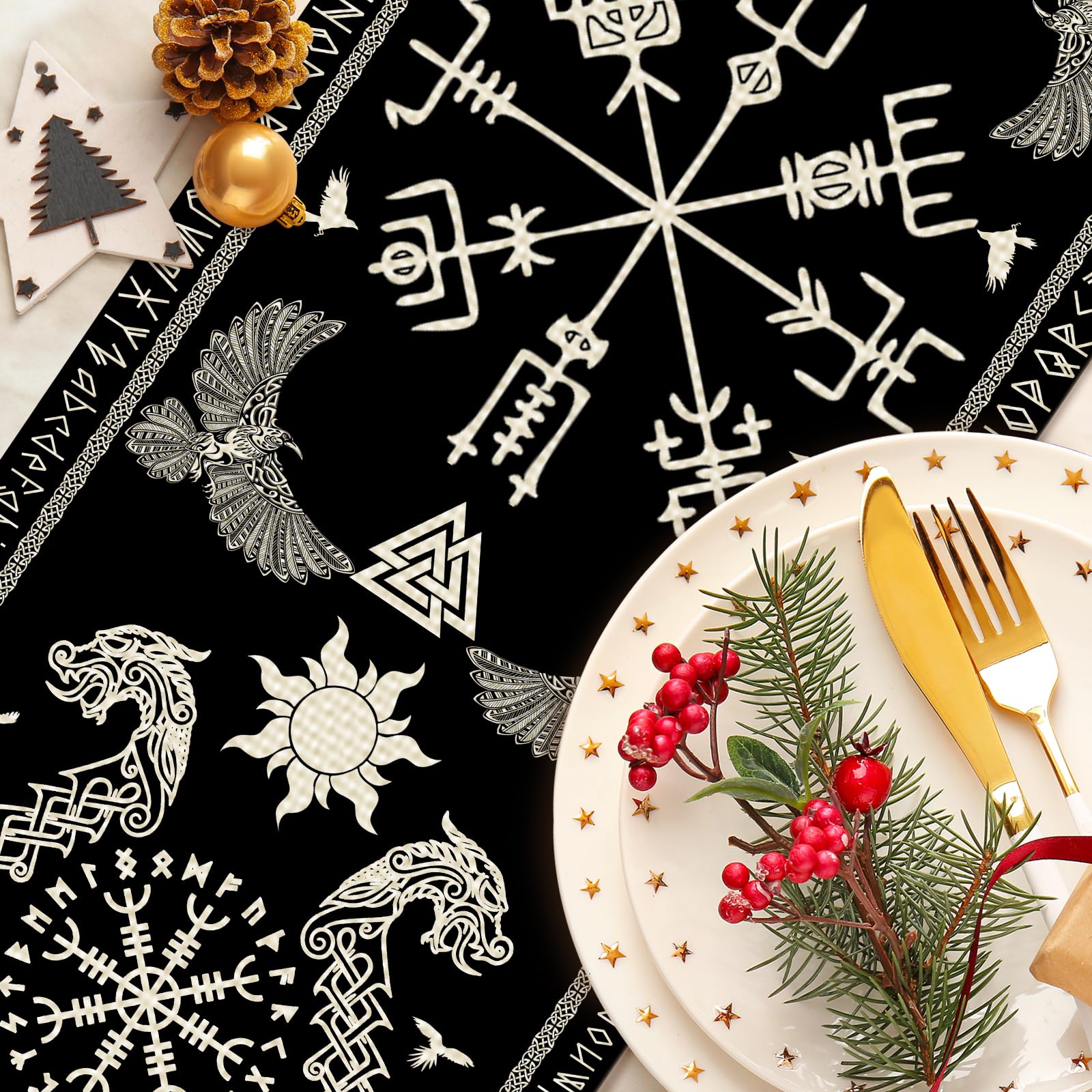 Black Viking Sacred Tree Celtic Raven Helmet of Awe Table Runner Seasonal Spring Fall Kitchen Dining Linen Table Decoration for Indoor Outdoor Home Party Dinner 13x72 Inch - Image 4