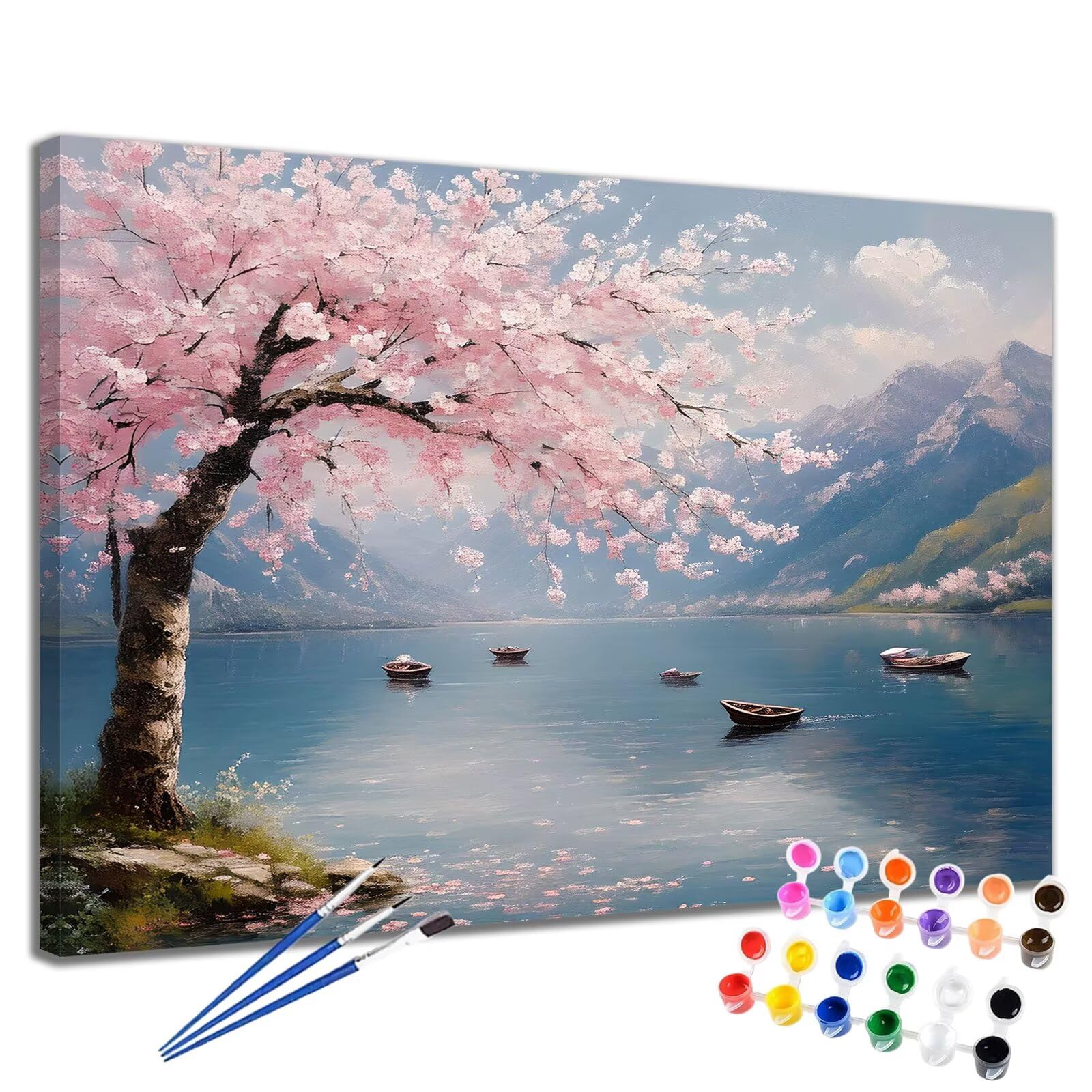 Albero Dipingere con i Numeri Lago Colorare con i Numeri Adulti Grande Formato 60x75 cm, Paint by Numbers Kit Completo con Tela, Pennelli e Vernice Acrilica, Casa della Parete Decorazione 2W-283