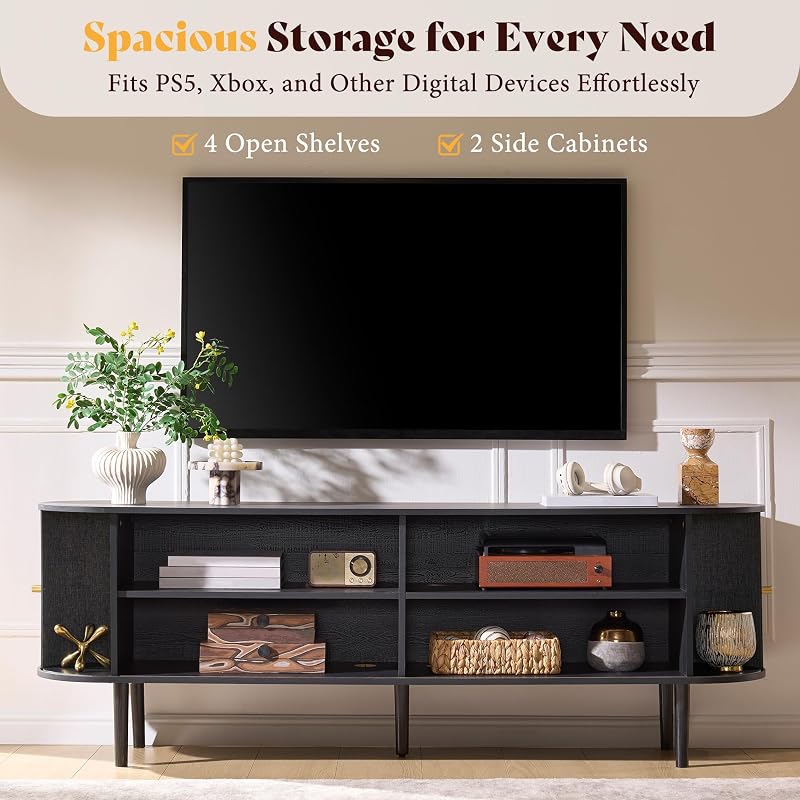 AMERLIFE 70" Mid-Century Modern Fluted TV Stand with Storage, Black image 4